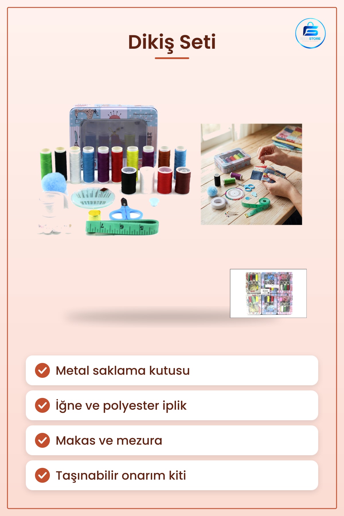 Dikiş Seti İğne İplik Metal Kutulu Makas Mezura Taşınabilir Ev Seyahat Onarım Kiti Dayanıklı