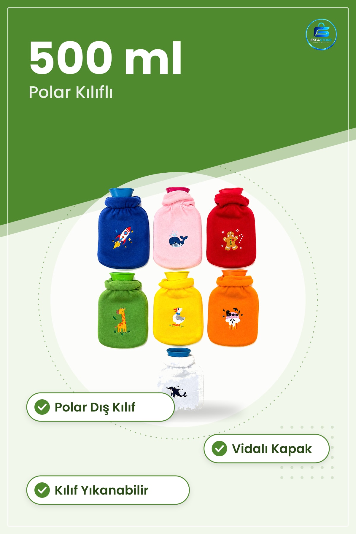 Çocuk Polar Sıcak Su Torbası 500 ml Vidalı Kapaklı Kauçuk Kılıflı Isıtıcı Ped Sağlık