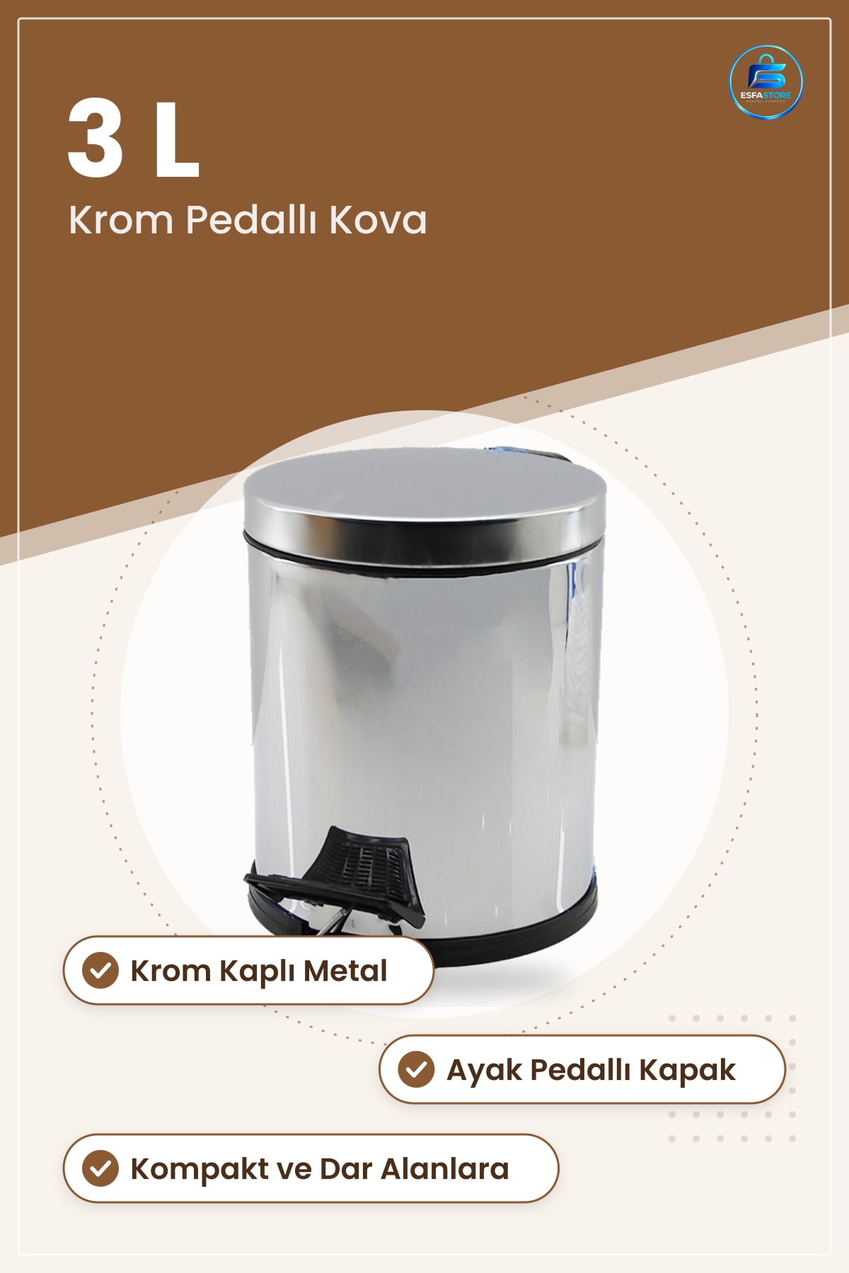 Çöp Kovası Pedallı 3 L Krom Metal Kompakt Banyo Mutfak Tuvalet Ofis Hijyenik Atık Kutusu