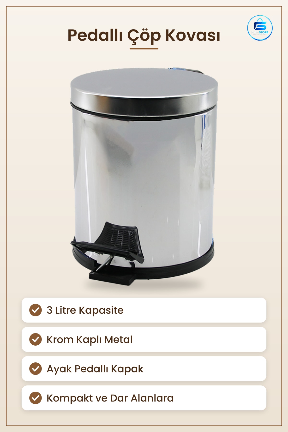 Çöp Kovası Pedallı 3 L Krom Metal Kompakt Banyo Mutfak Tuvalet Ofis Hijyenik Atık Kutusu