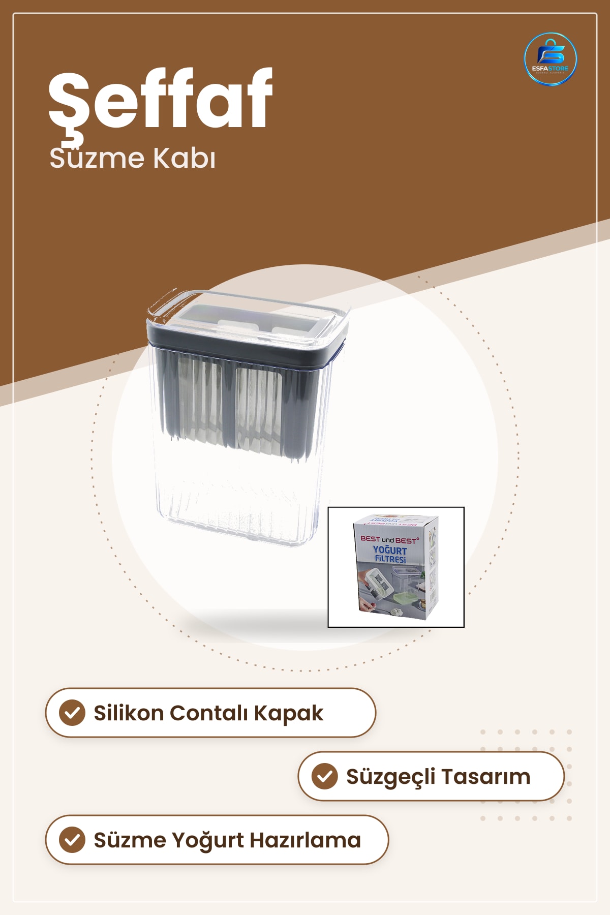 Yoğurt Süzme Kabı Silikon Contalı Şeffaf Süzgeçli Labne Peynir Sürgeci Kapaklı Mutfak Hazırlık