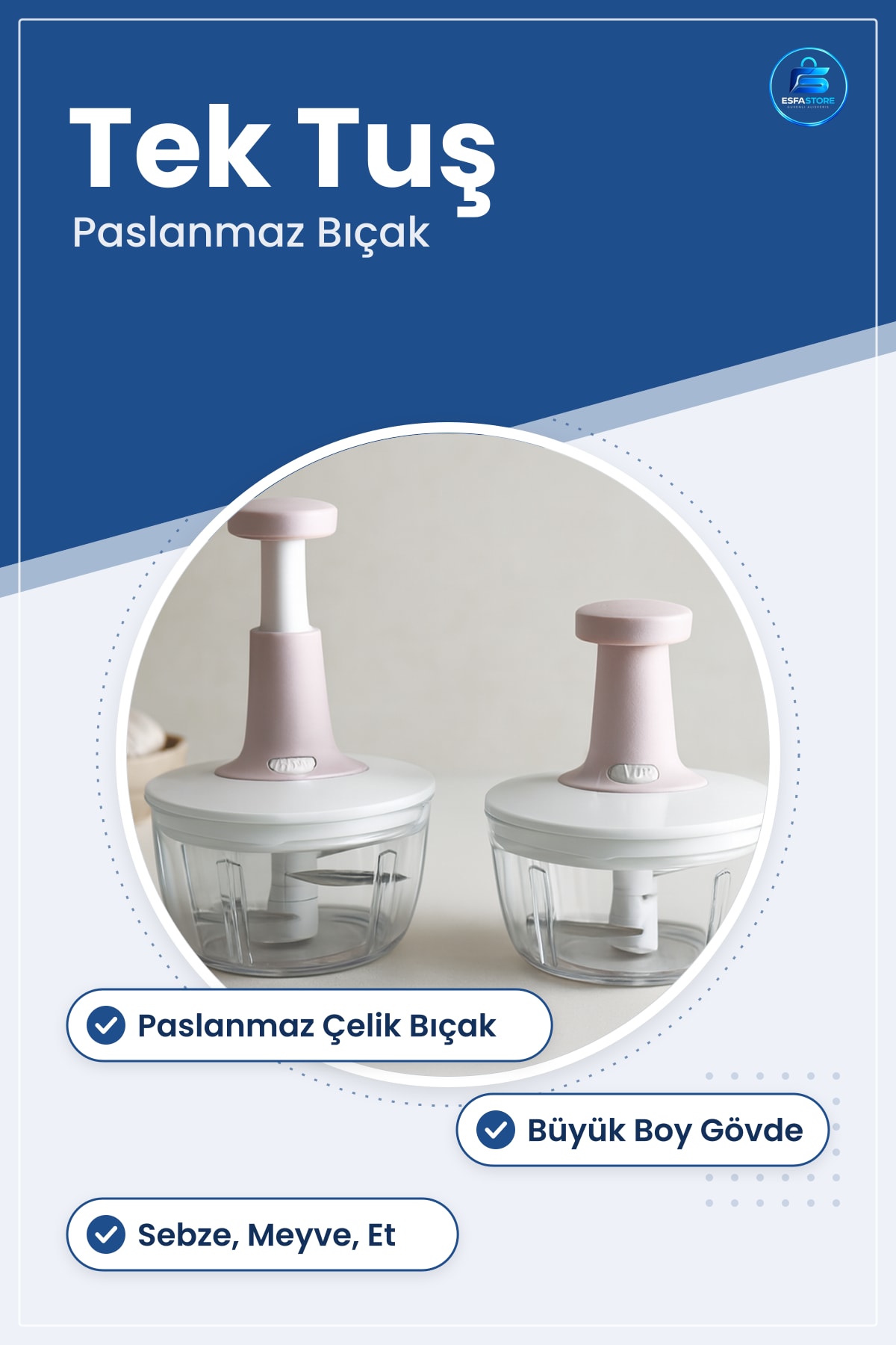 Basımlı Doğrayıcı Chopper Büyük Boy Paslanmaz Bıçaklı El Blender Pratik Tek Tuş Mutfak Sebze Meyve