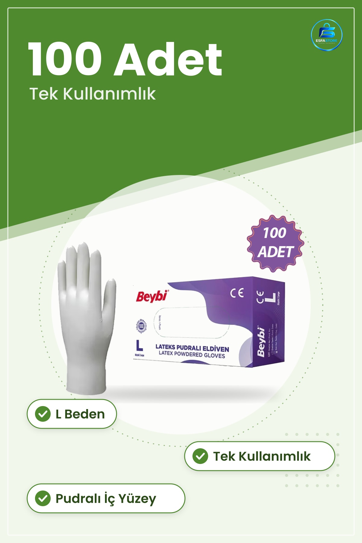 Lateks Pudralı Muayene Eldiveni L 100 Adet Tek Kullanımlık Hijyen Koruyucu Laboratuvar Temizlik
