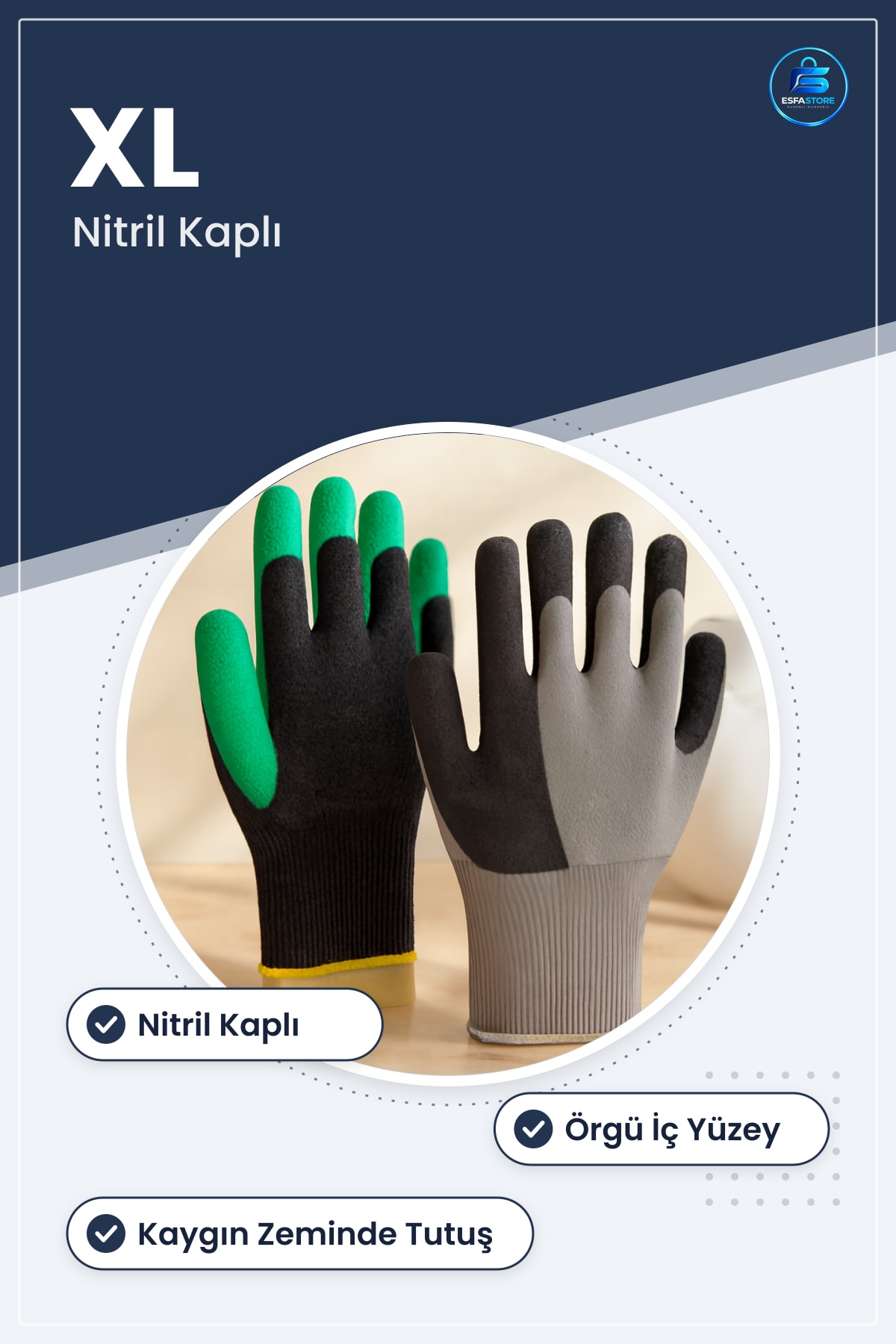 Tırtıklı İşçi Eldiveni XL Nitril Kaplı Örgü Kavrama Güvenlik İş Koruyucu Ağır Antrasit