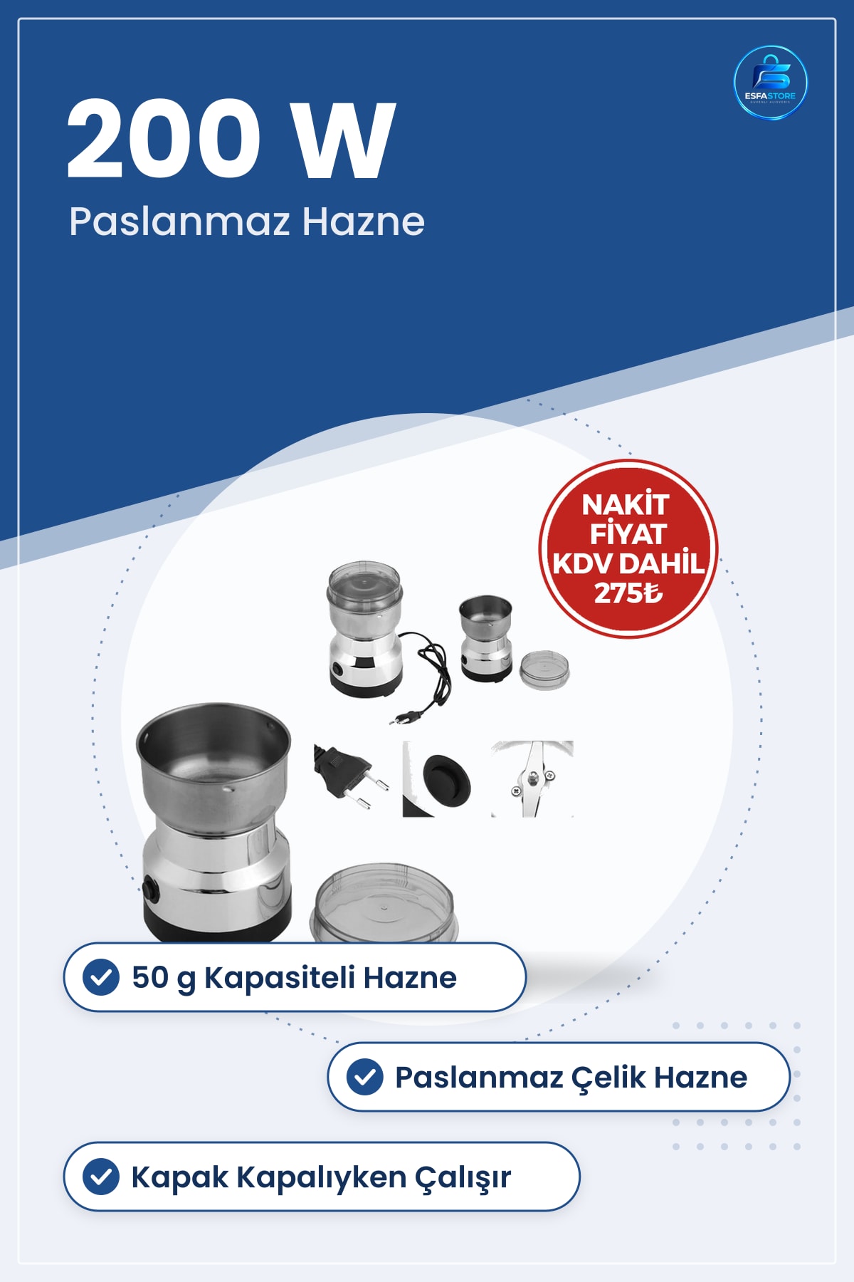 Elektrikli Öğütücü 200W 50g Kahve Baharat Kuruyemiş Öğütme Makinesi Paslanmaz Çelik Hazneli