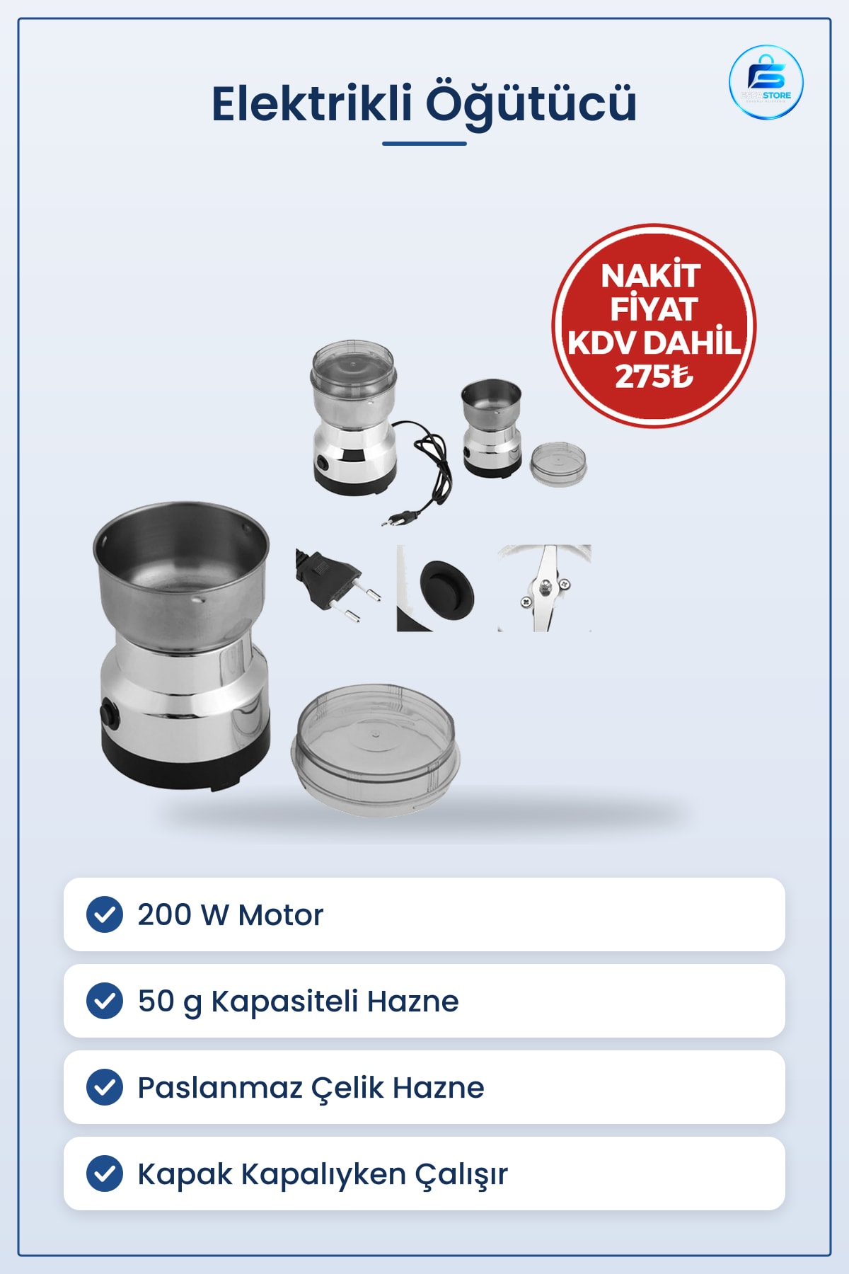 Elektrikli Öğütücü 200W 50g Kahve Baharat Kuruyemiş Öğütme Makinesi Paslanmaz Çelik Hazneli