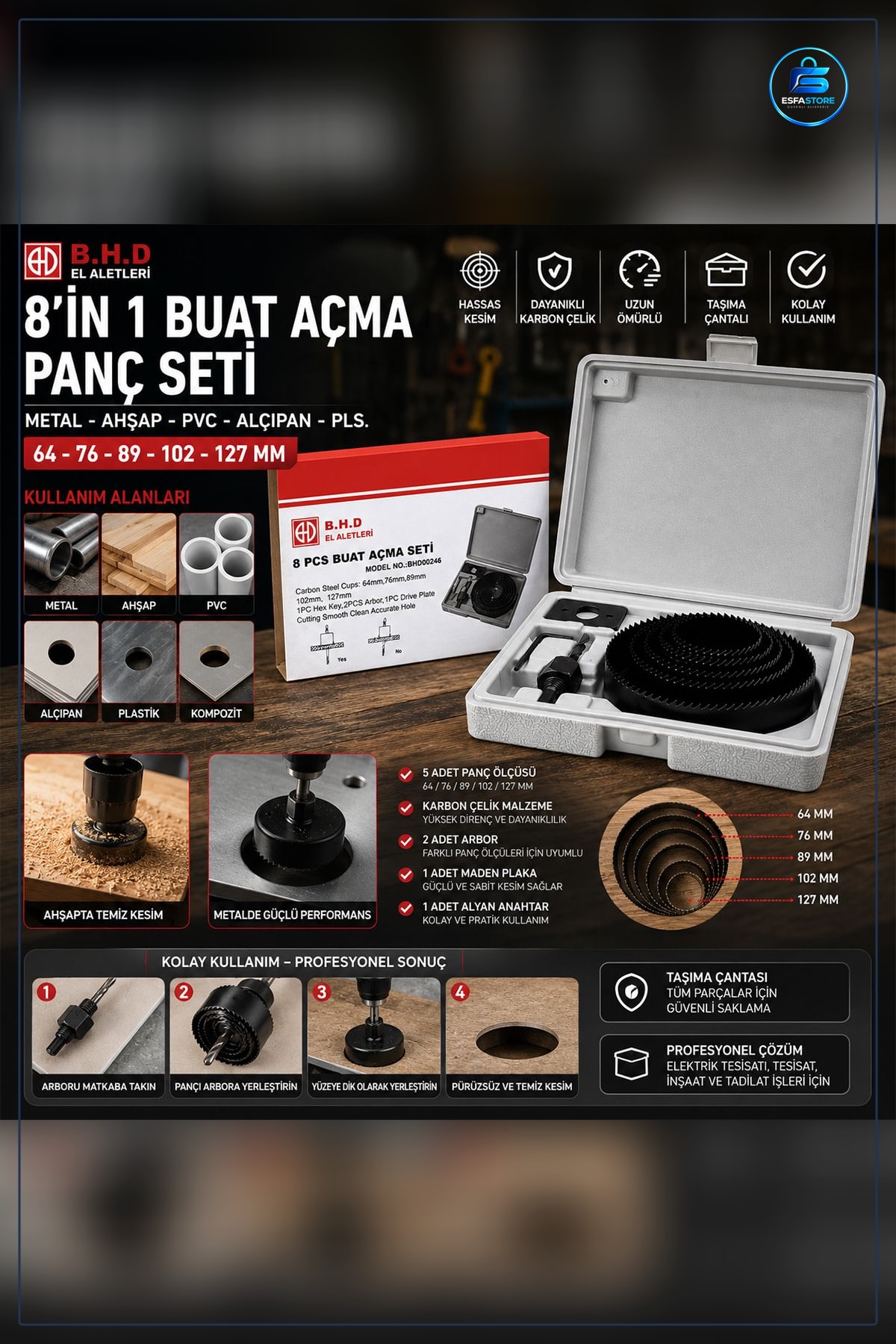 Buat Açma Panç Seti 127 mm Karbon Çelik Ahşap Metal PVC Alçıpan Plastik Tesisat Elektrik Tamirat