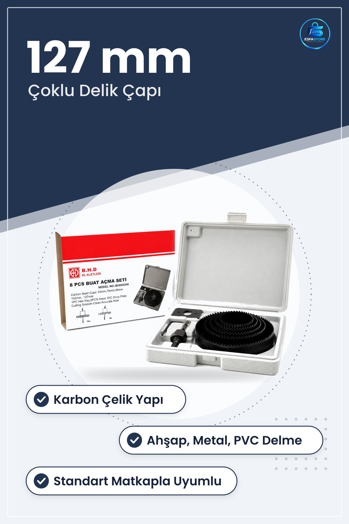 Buat Açma Panç Seti 127 mm Karbon Çelik Ahşap Metal PVC Alçıpan Plastik Tesisat Elektrik Tamirat