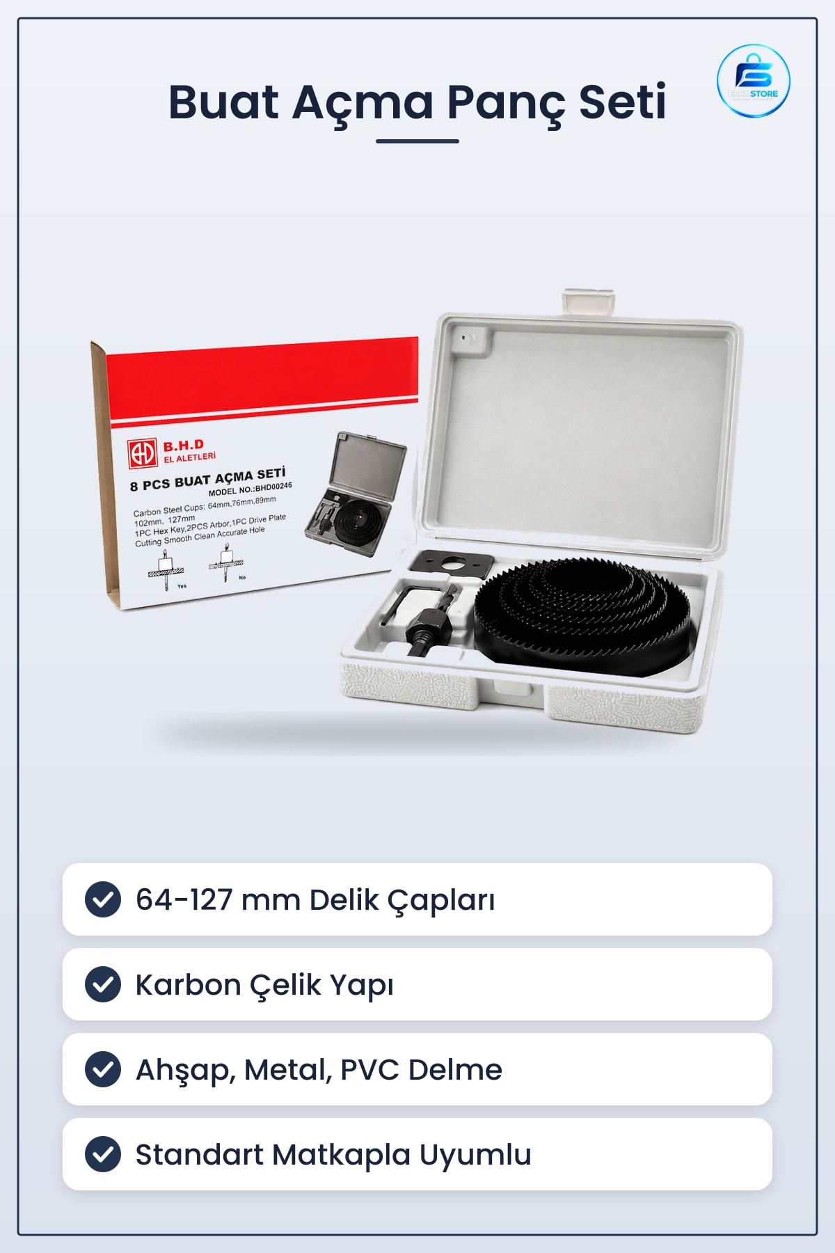 Buat Açma Panç Seti 127 mm Karbon Çelik Ahşap Metal PVC Alçıpan Plastik Tesisat Elektrik Tamirat