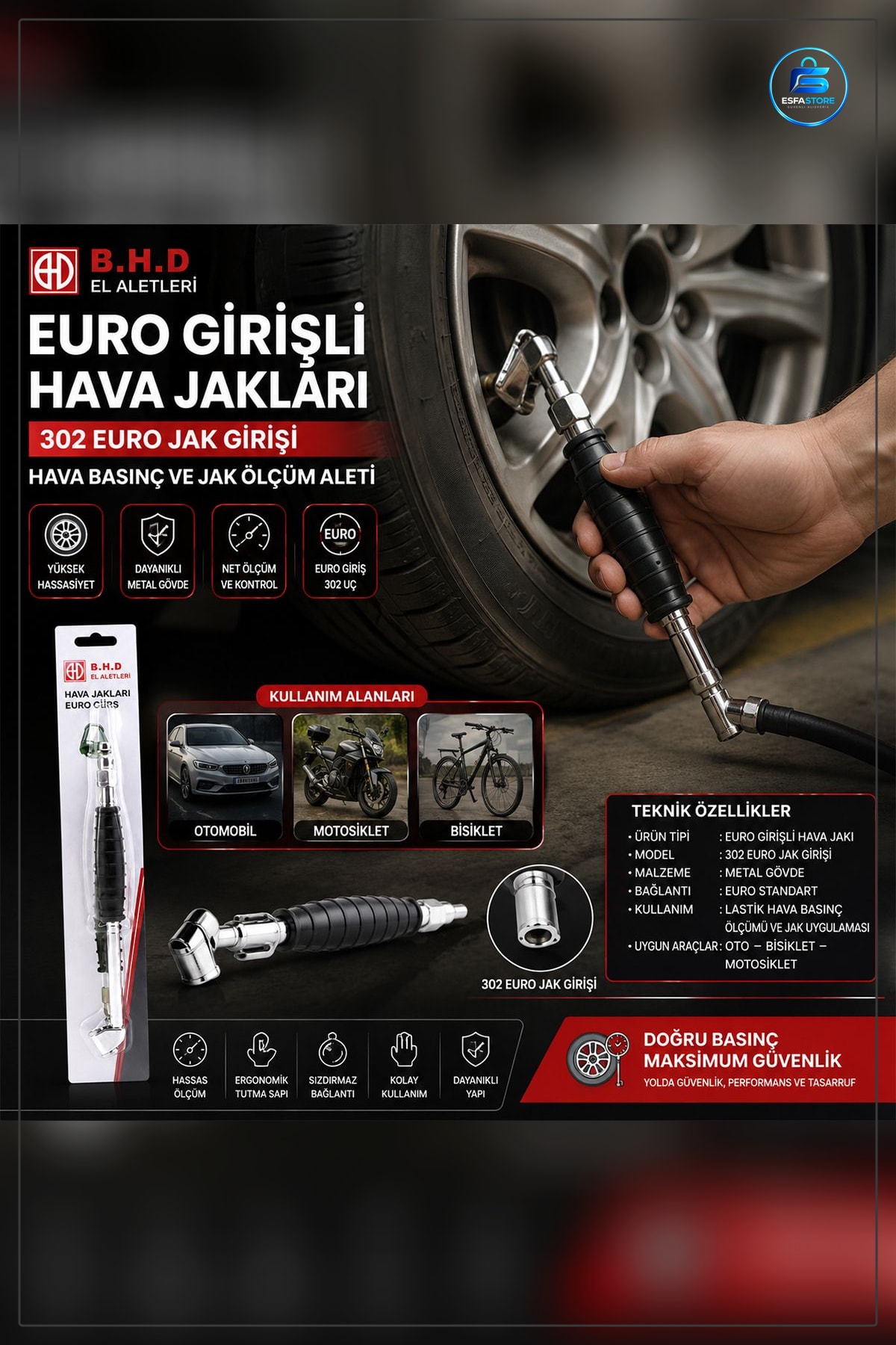 Lastik Basınç Ölçer Bakım Ürünü Oto Bisiklet Motosiklet ve Bot İçin Dayanıklı Metal Uçlu Hava Jakı