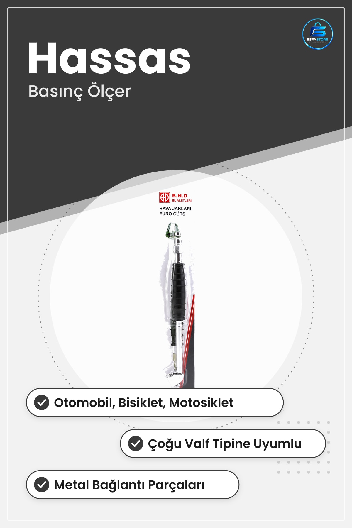 Lastik Basınç Ölçer Bakım Ürünü Oto Bisiklet Motosiklet ve Bot İçin Dayanıklı Metal Uçlu Hava Jakı