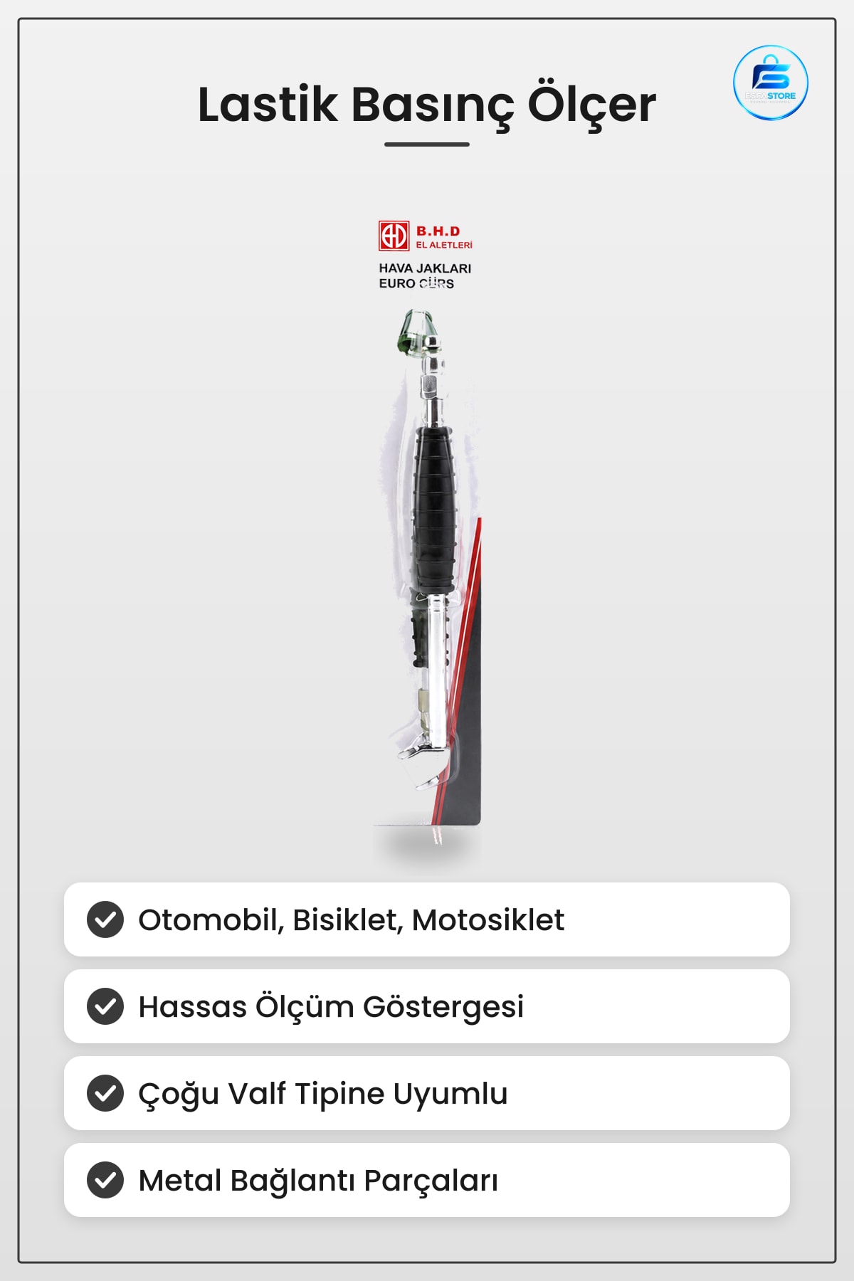 Lastik Basınç Ölçer Bakım Ürünü Oto Bisiklet Motosiklet ve Bot İçin Dayanıklı Metal Uçlu Hava Jakı