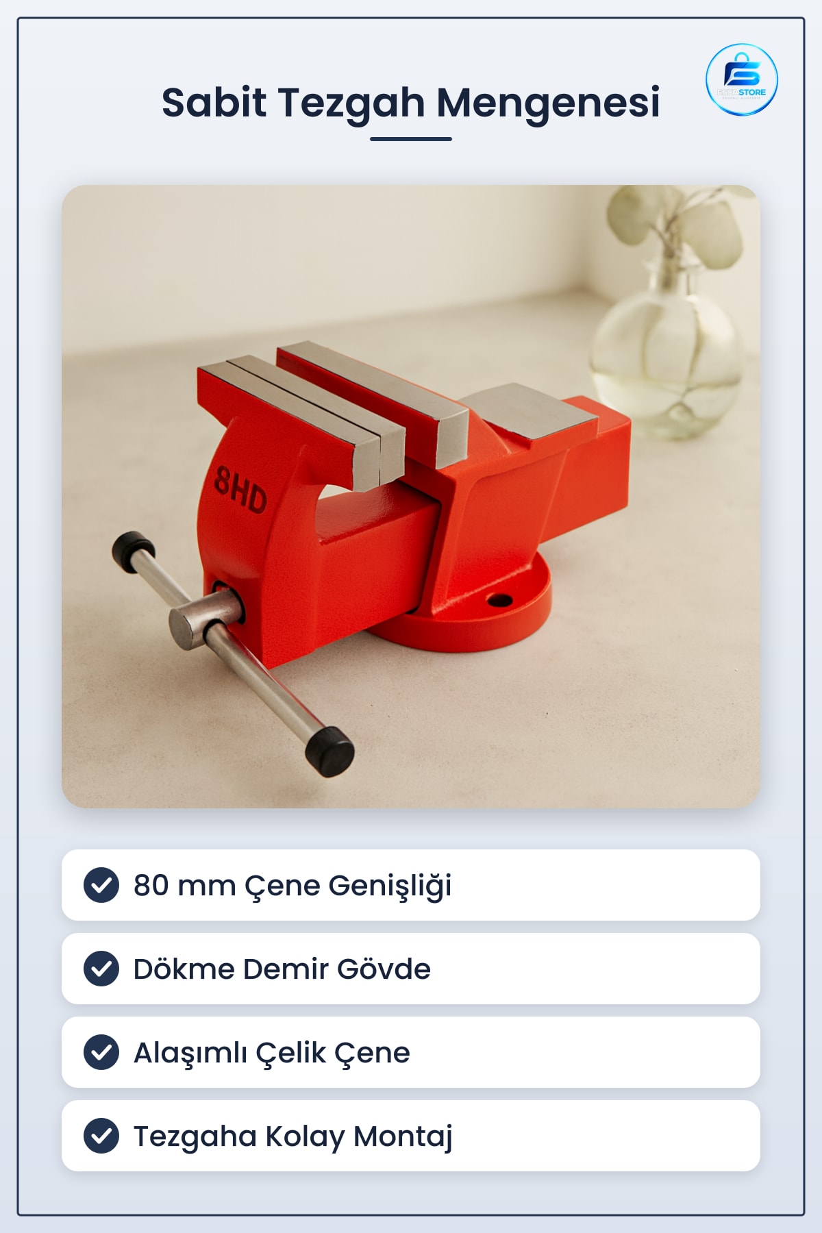 Sabit Tezgah Mengenesi 80 mm Dökme Demir Gövdeli Çelik Çeneli Atölye Hırdavat Delme Taşlama