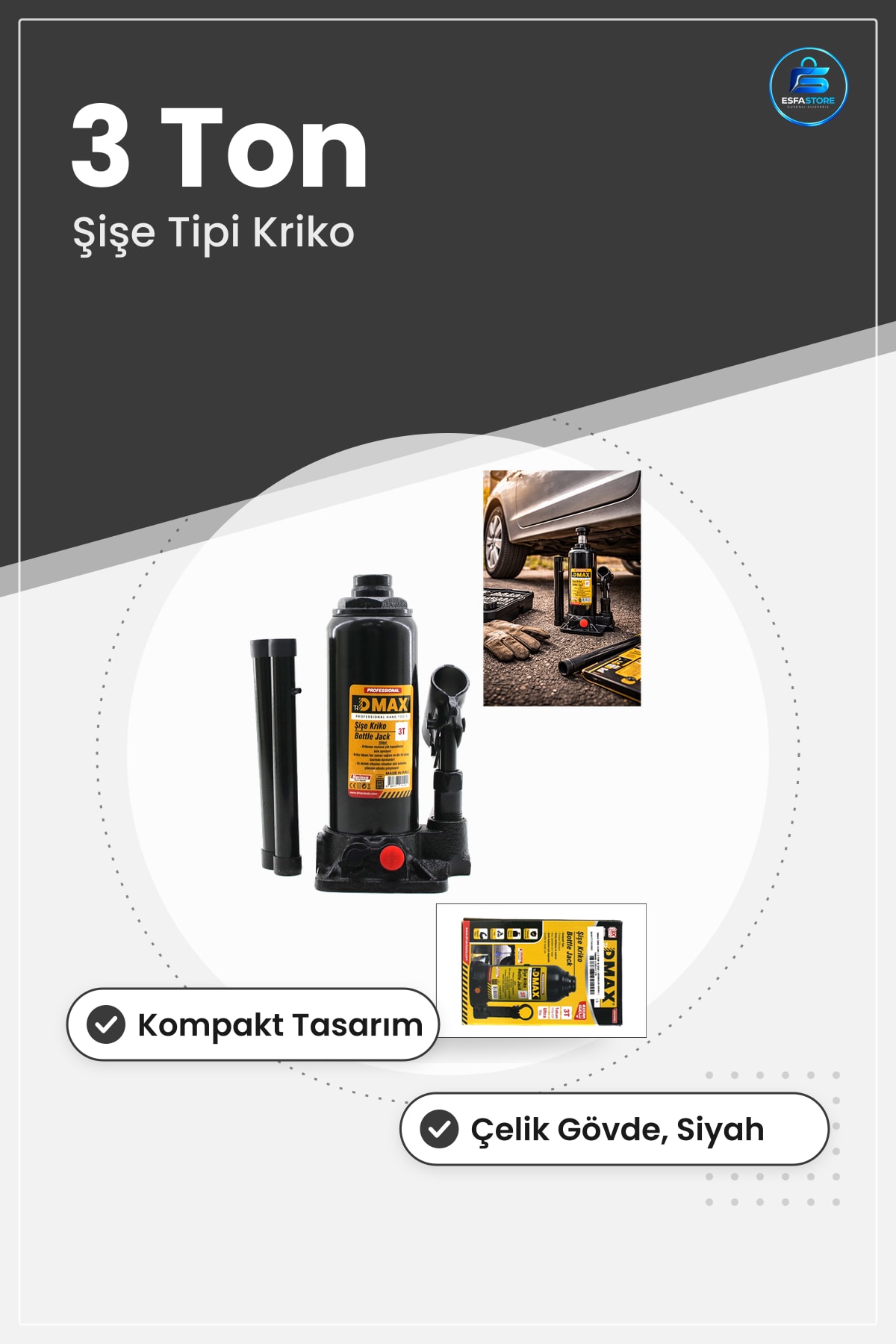 Şişe Tipi Hidrolik Kriko 3 Ton Oto Kaldırma Atölye Bakım Araç Siyah Kompakt Kullanışlı