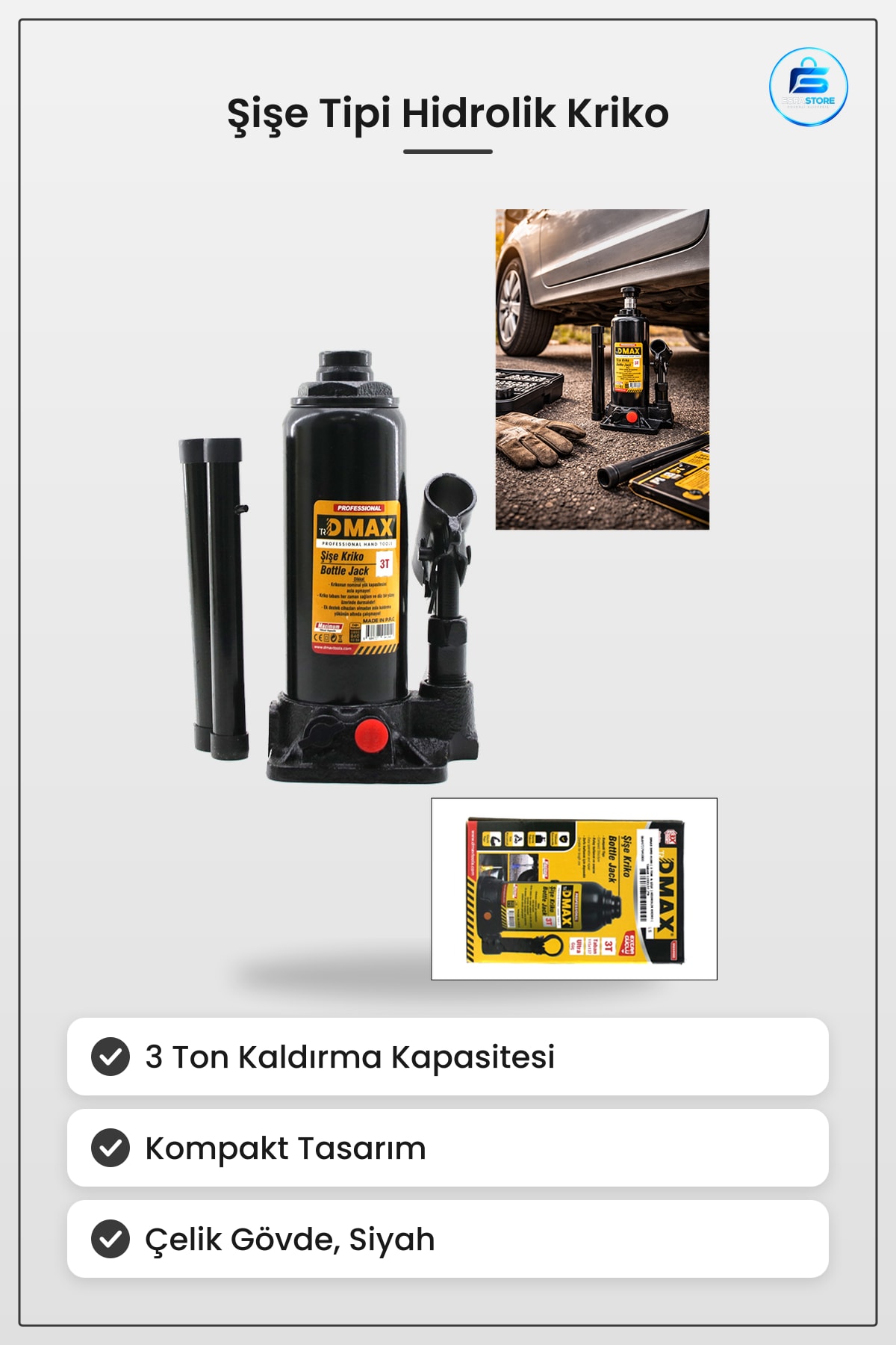 Şişe Tipi Hidrolik Kriko 3 Ton Oto Kaldırma Atölye Bakım Araç Siyah Kompakt Kullanışlı