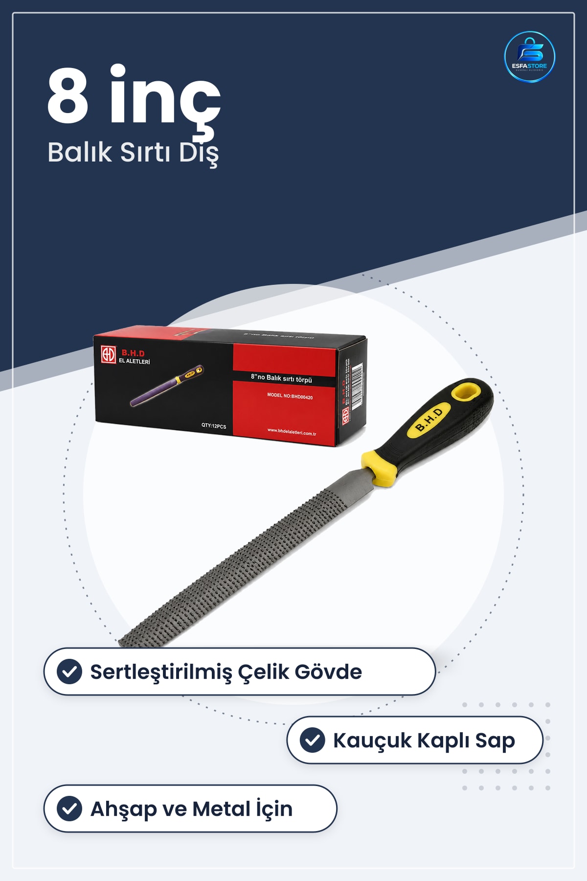 Eğe Balık Sırtı Törpü 8 inç Ağaç ve Metal Kauçuk Saplı Sertleştirilmiş Çelik Atölye