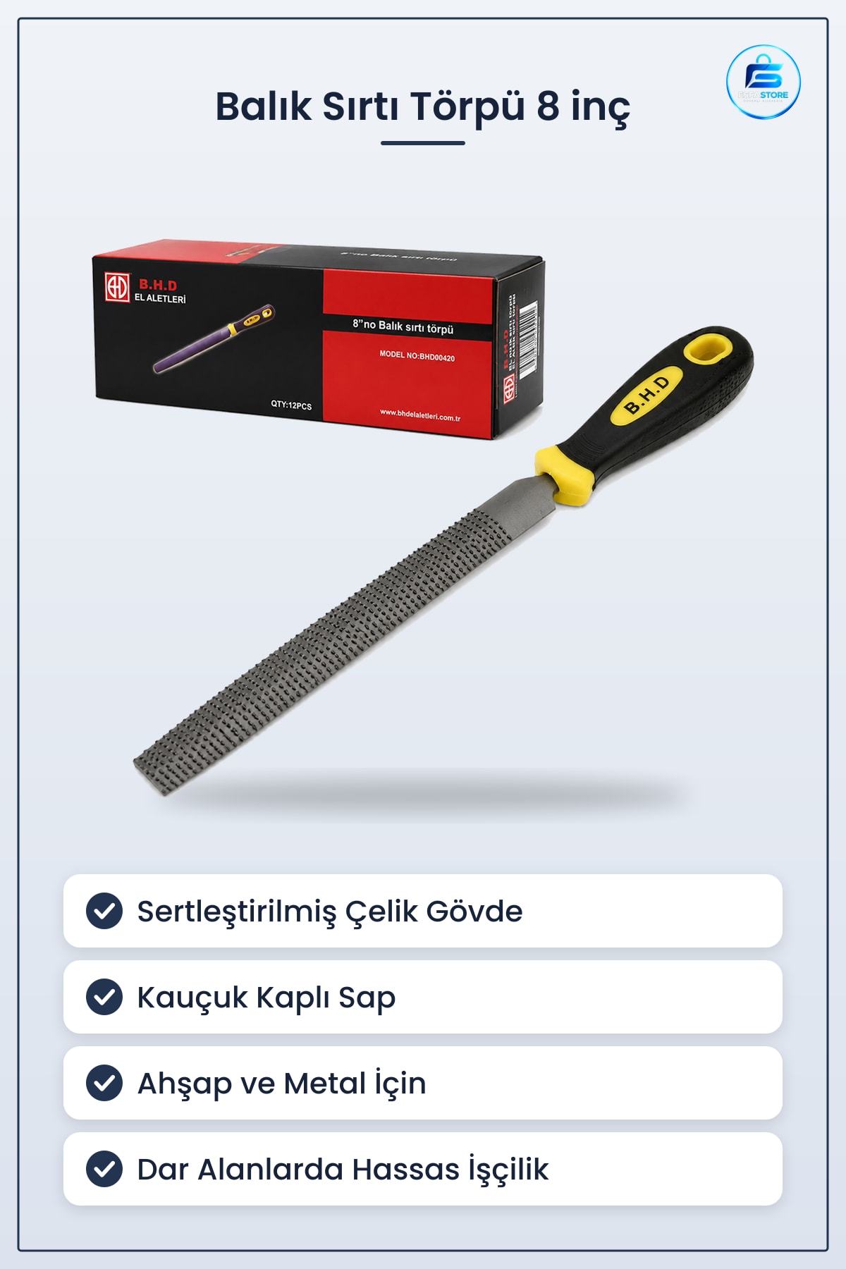 Eğe Balık Sırtı Törpü 8 inç Ağaç ve Metal Kauçuk Saplı Sertleştirilmiş Çelik Atölye
