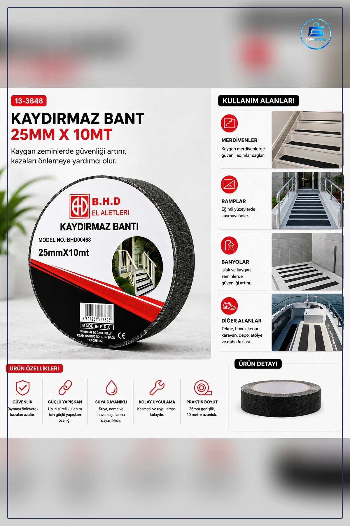 Kaydırmaz Bant 25 mm x 10 m Siyah PVC Merdiven Basamak Rampa Balkon Banyo Güvenlik Bandı Pratik