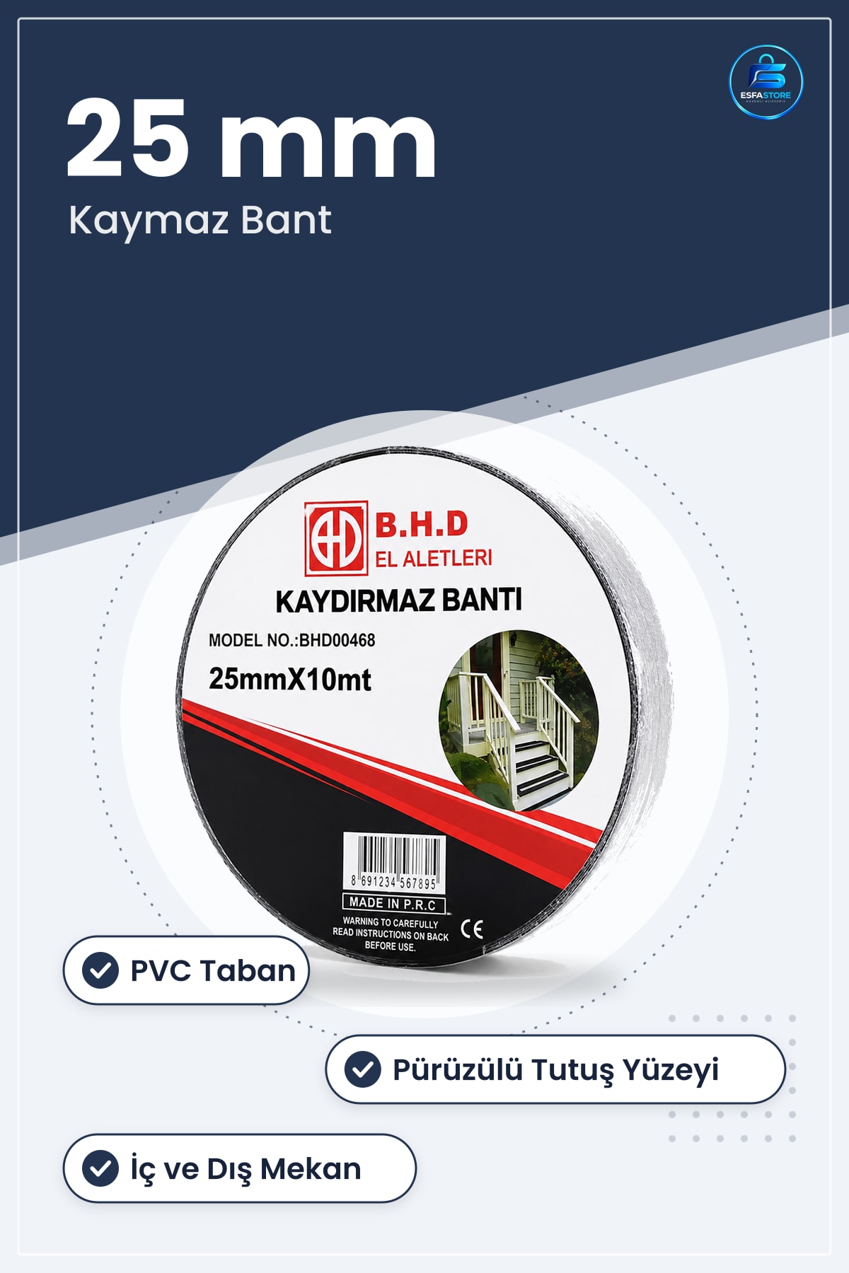 Kaydırmaz Bant 25 mm x 10 m Siyah PVC Merdiven Basamak Rampa Balkon Banyo Güvenlik Bandı Pratik
