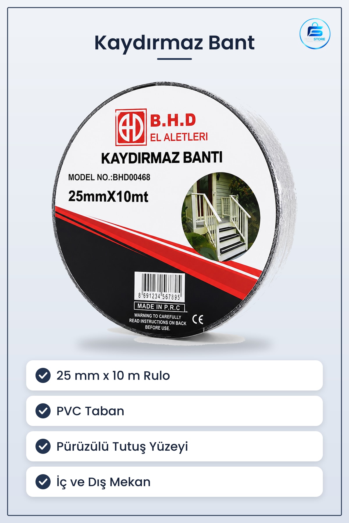 Kaydırmaz Bant 25 mm x 10 m Siyah PVC Merdiven Basamak Rampa Balkon Banyo Güvenlik Bandı Pratik