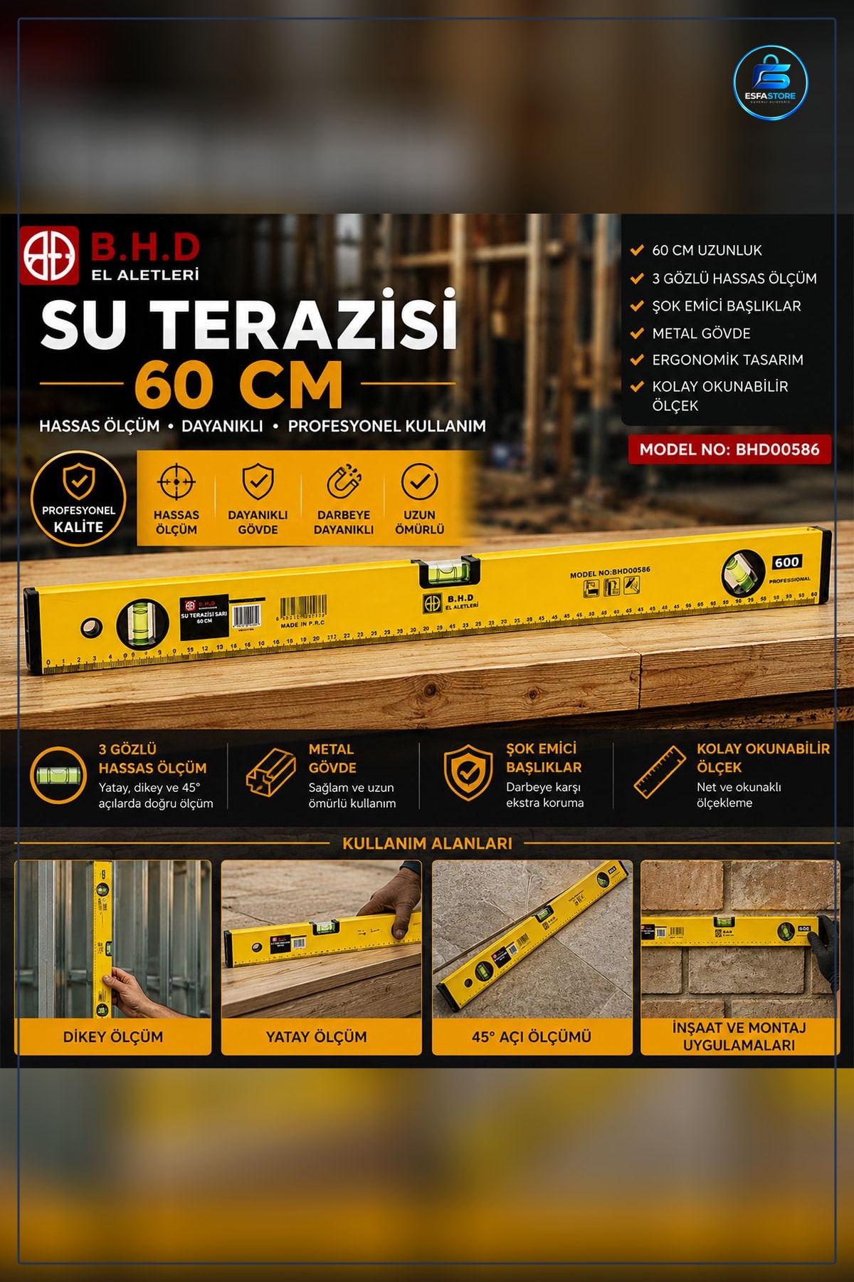 Su Terazisi 60 cm Metal Gövdeli Cam Libelleli Yatay Dikey Ölçüm Montaj Marangoz Tesisat