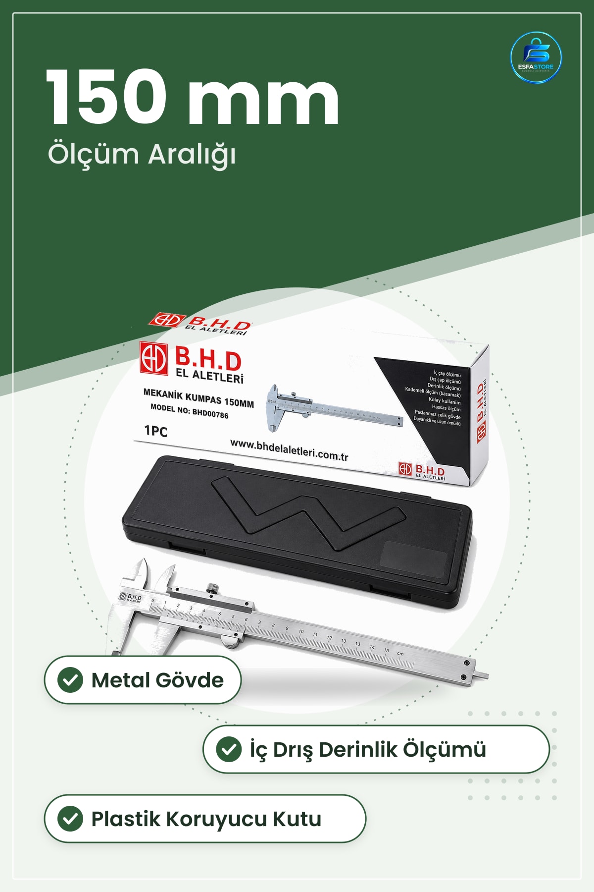 Mekanik Kumpas 150 mm Metal Hassas Ölçüm Aleti Plastik Kutulu İç Dış Derinlik Atölye Ev Tamir