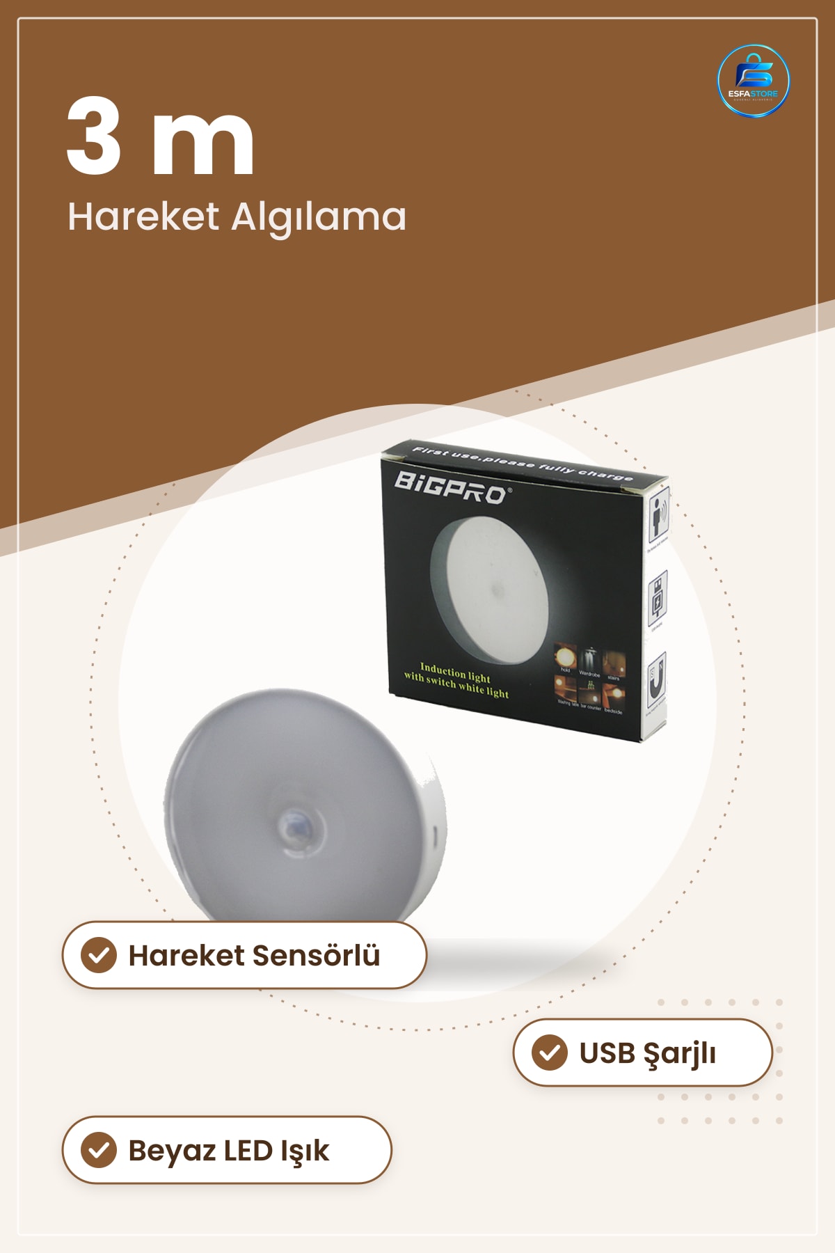 Sensörlü USB Şarjlı Beyaz LED Yuvarlak Lamba 8.3 cm Gece Lambası Dolap Merdiven Koridor Ev Kamp