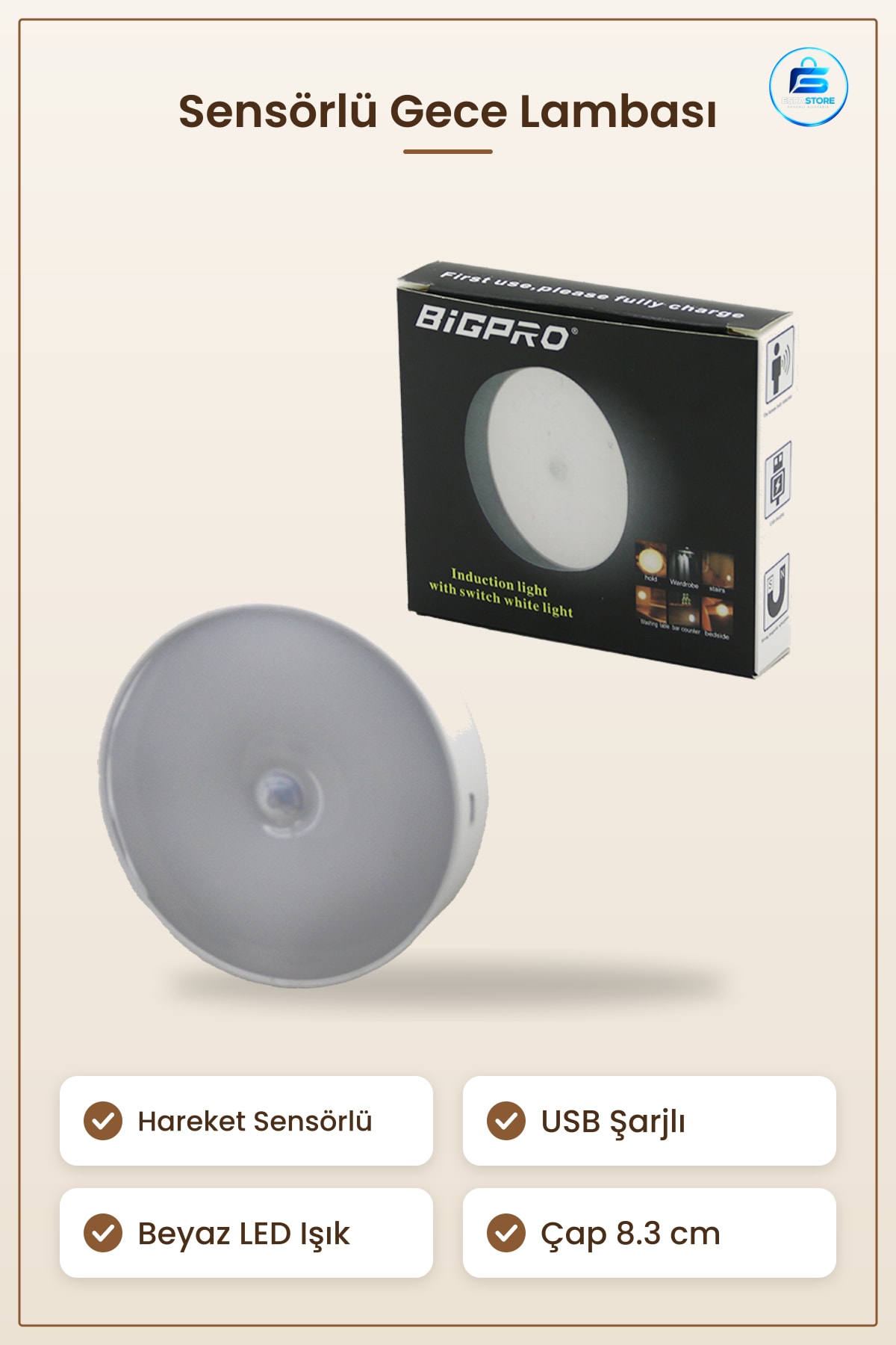 Sensörlü USB Şarjlı Beyaz LED Yuvarlak Lamba 8.3 cm Gece Lambası Dolap Merdiven Koridor Ev Kamp