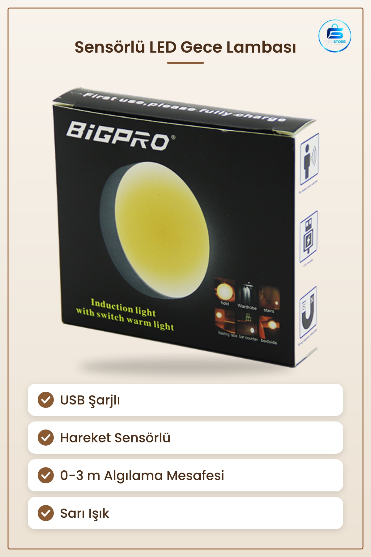 Sensörlü LED Gece Lambası Yuvarlak 8 3 cm USB Şarjlı Hareket Sarı Işık Dolap İçi Koridor Merdiven
