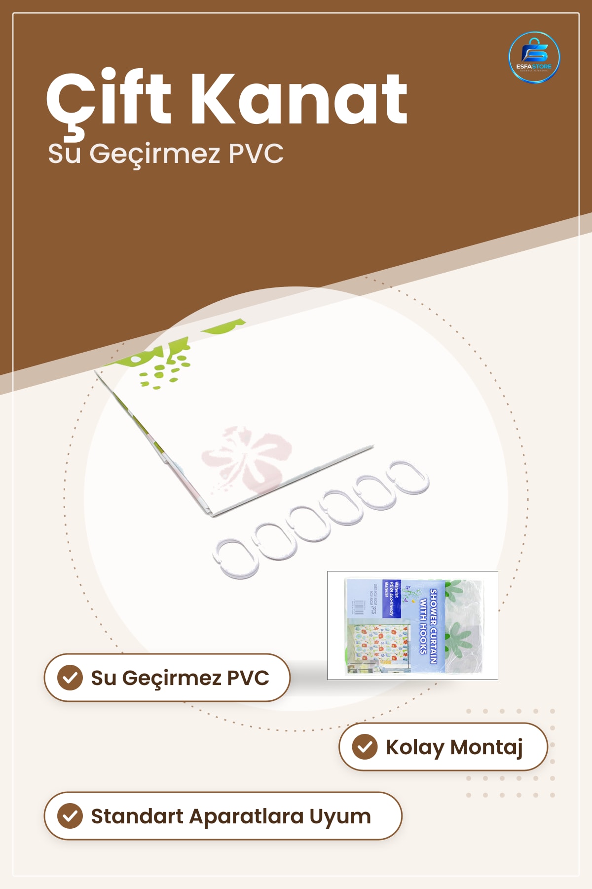PVC Duş Perdesi Çift Kanat Su Geçirmez Banyo Tekstili Hijyenik Mahremiyet Kolay Montaı