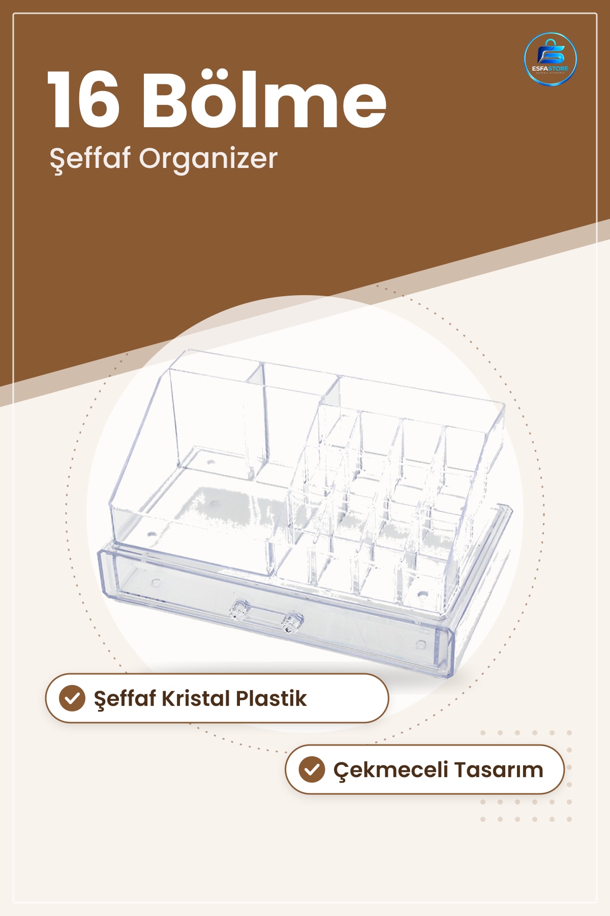 Makyaj ve Takı Organizeri 16 Bölmeli Kristal Plastik Çekmeceli Şeffaf Kozmetik Aksesuar Düzenleyici