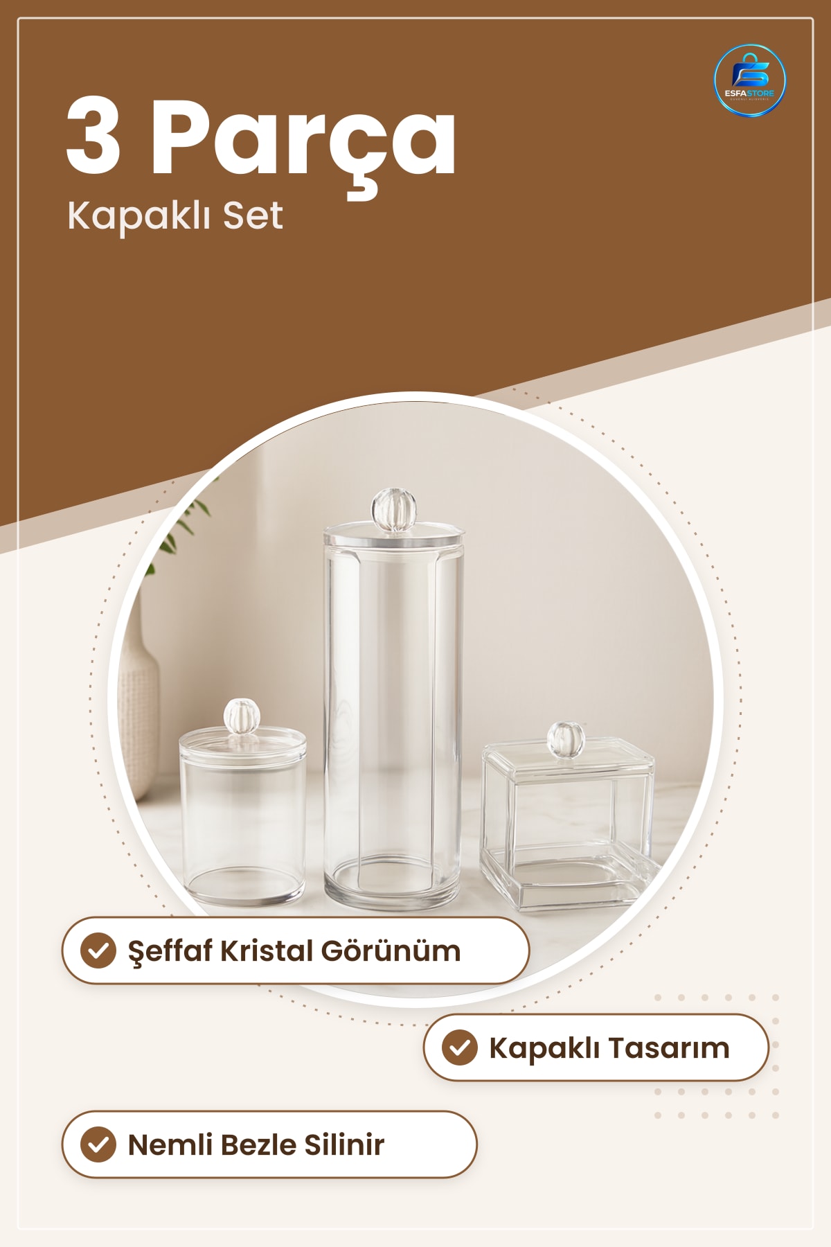 Mika Makyaj Organizer Seti 3 Parça Şeffaf Kristal Görünümlü Kapaklı Pamuk Kulak Çubuğu Saklama