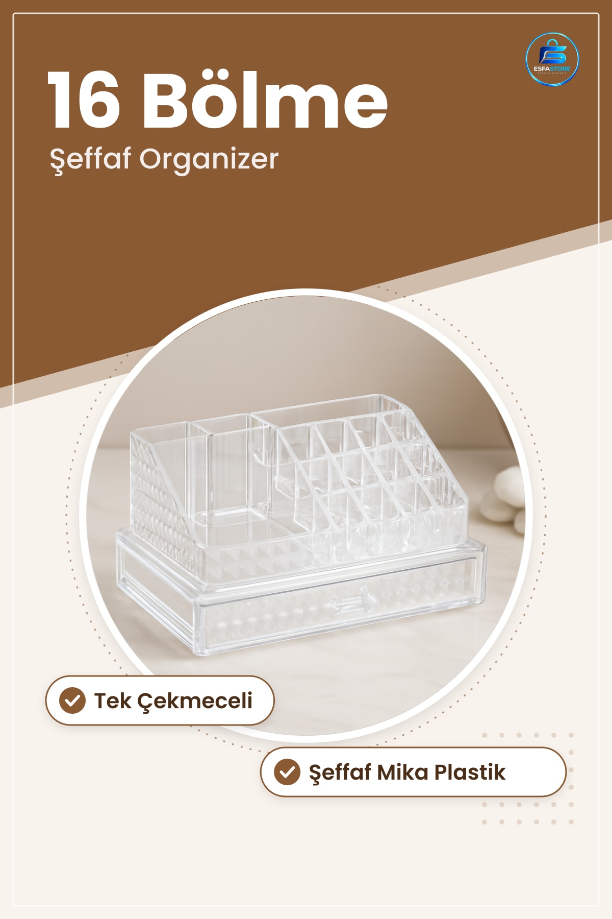 Makyaj Organizeri Şeffaf 16 Bölmeli Tek Çekmeceli Taşınabilir Ruj Frça Takı Kutusu Masa Üstü