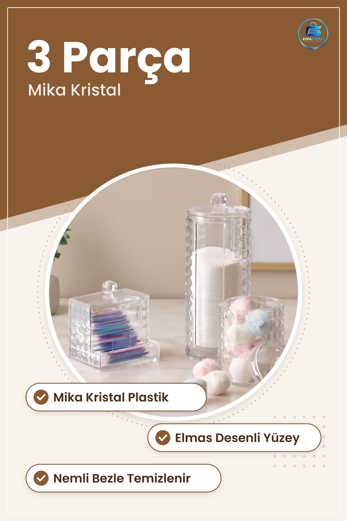 Makyaj ve Takı Organizeri 3 Parça Mika Kristal Plastik Elmas Desenli Banyo Düzenleyici