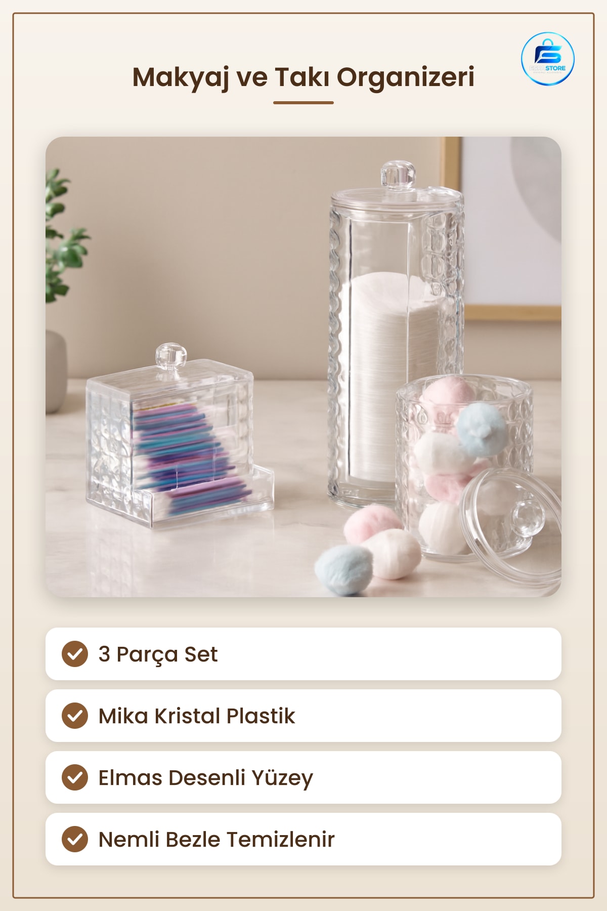 Makyaj ve Takı Organizeri 3 Parça Mika Kristal Plastik Elmas Desenli Banyo Düzenleyici
