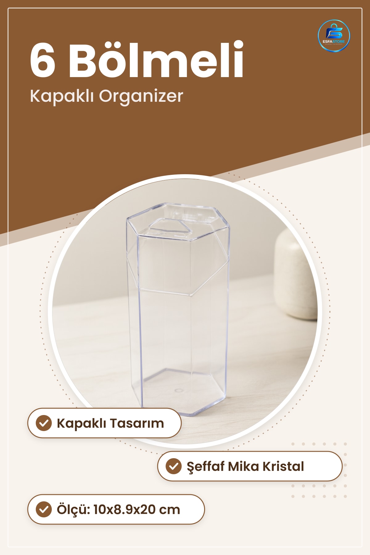 Makyaj Fırça Organizeri 6 Bölmeli Kapaklı Mika Kristal Plastik 10x8.9x20 cm Şeffaf Düzenleyici