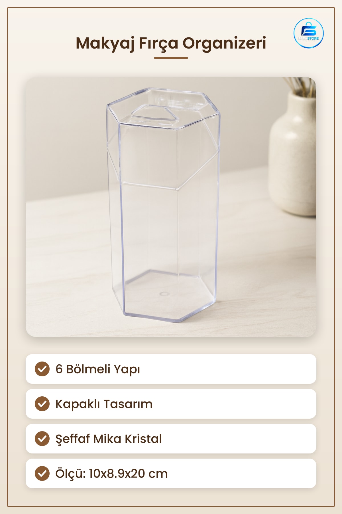 Makyaj Fırça Organizeri 6 Bölmeli Kapaklı Mika Kristal Plastik 10x8.9x20 cm Şeffaf Düzenleyici