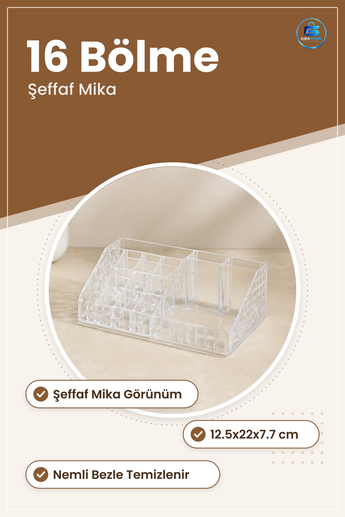 Makyaj Organizeri 16 Bölmeli Mika Kristal Şeffaf 12.5x22x7.7 cm Ruj Fırça Takı Düzenleyici