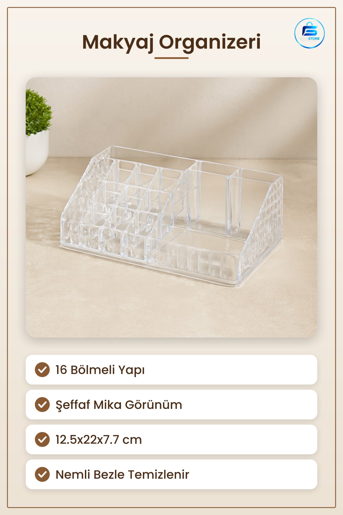 Makyaj Organizeri 16 Bölmeli Mika Kristal Şeffaf 12.5x22x7.7 cm Ruj Fırça Takı Düzenleyici