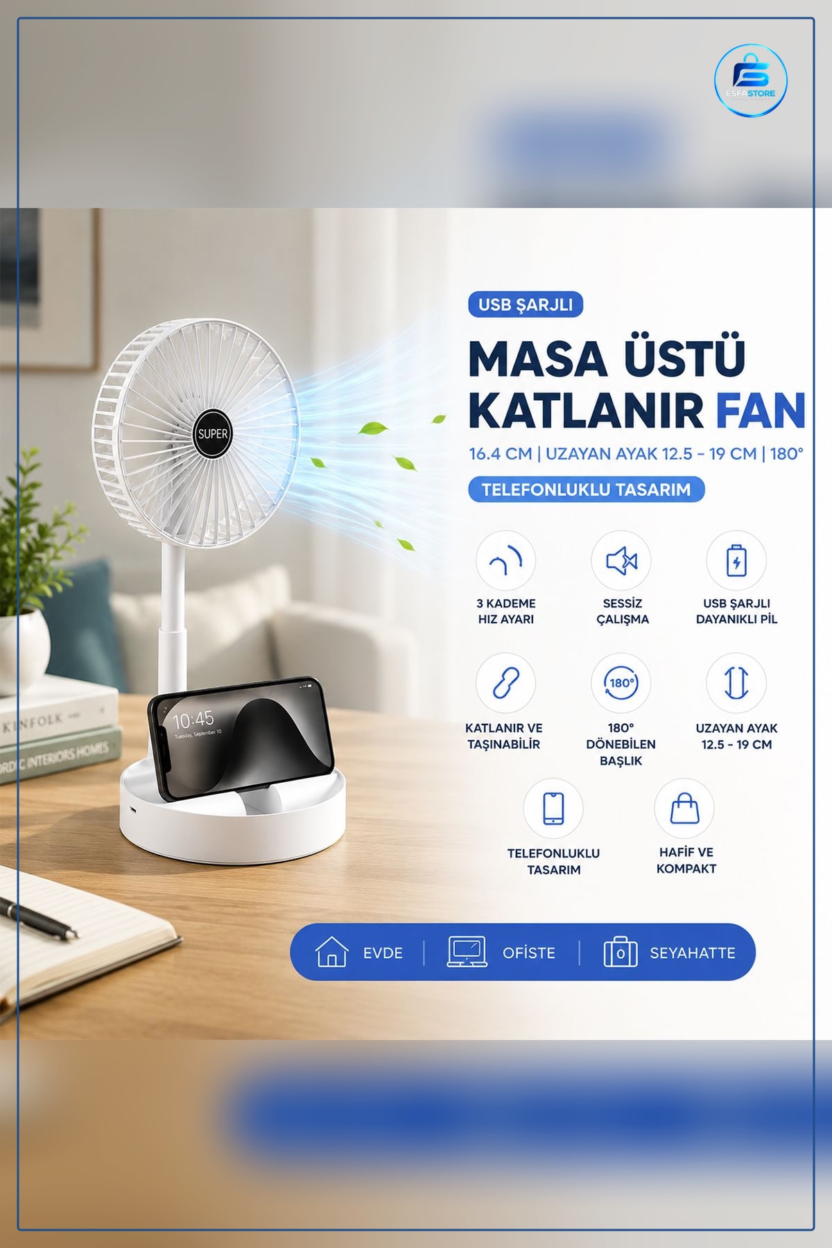 USB Şarjlı Katlanır Masaüstü Vantilatör 16.4 cm Taşınabilir Ayarlanabilir Ofis ve Ev Fanı