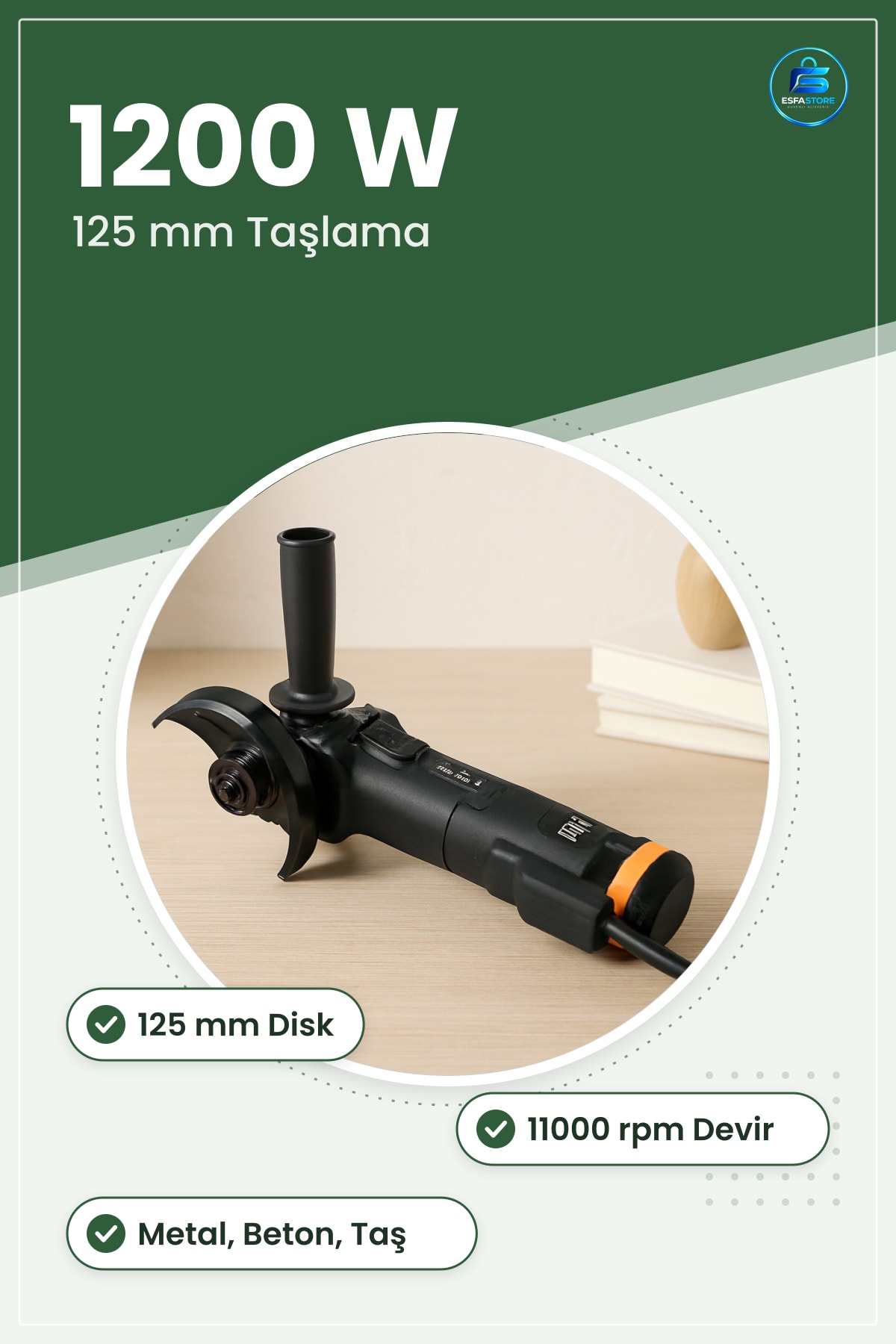 Taşlama Makinesi 1200 W 125 mm rpm Açılı Avuç Kesme Parlatma Metal Beton Taş Seramik