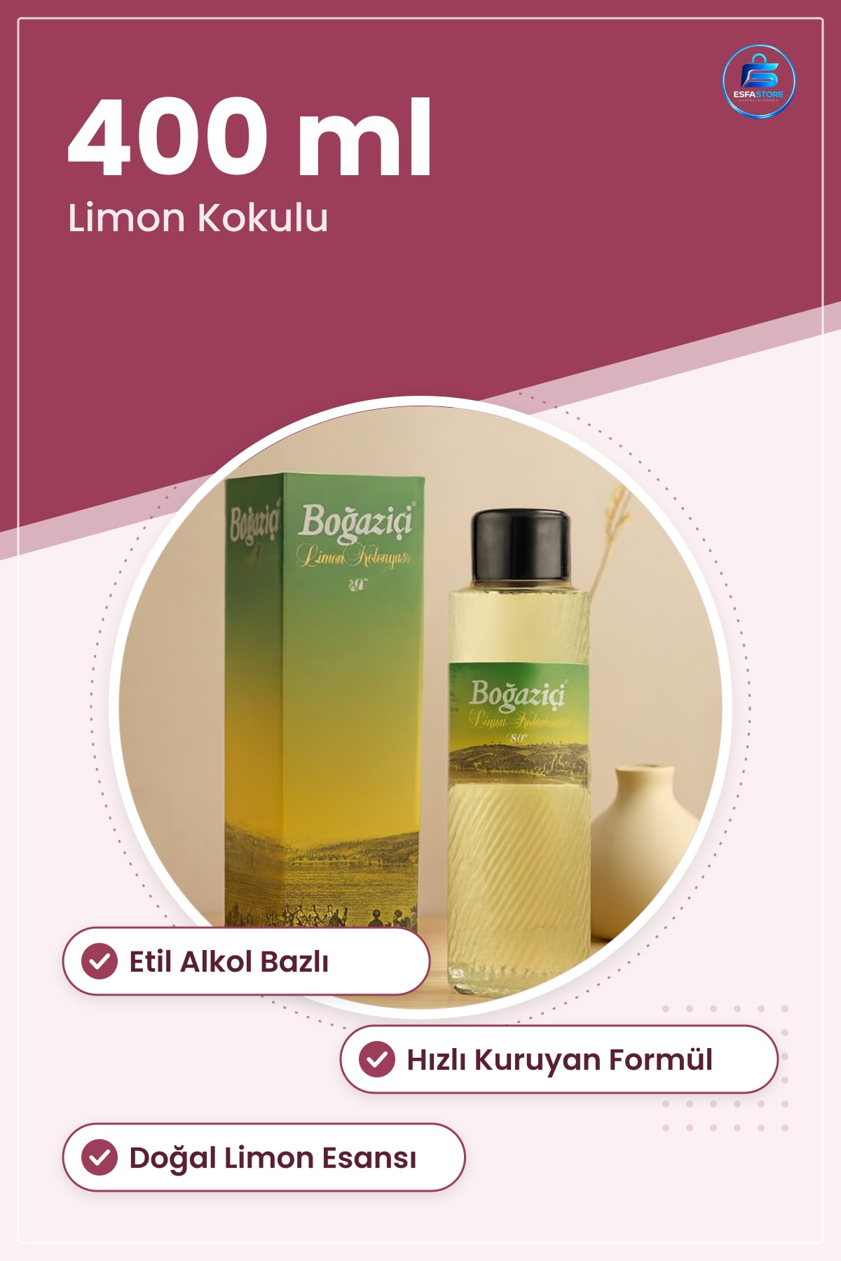 Kolonya Limon Kokulu 400 ml Alkollü Etil Alkol Bazlı El Temizliği Ferahlık Hijyen Günlük Kullanım