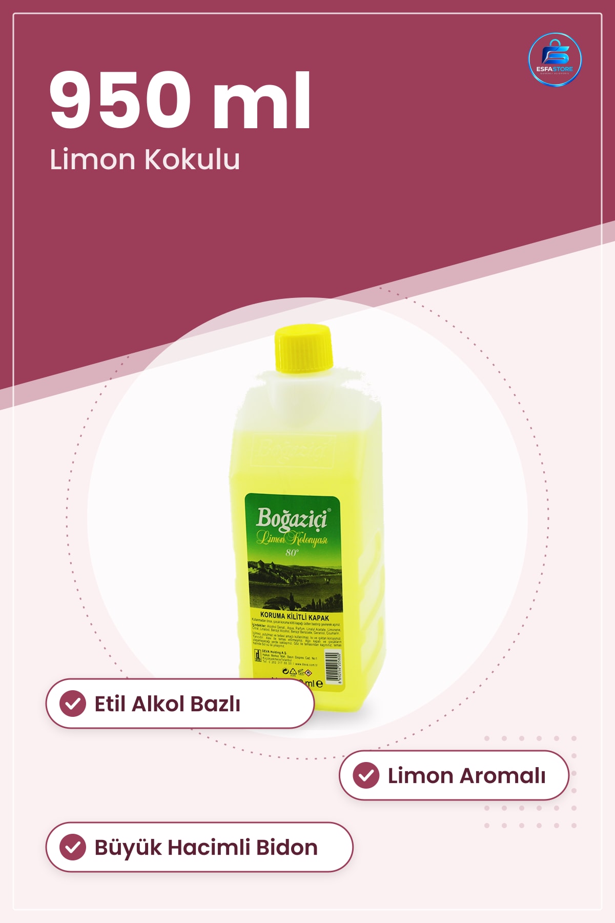 Limon Kolonyası 950 ml Bidon Etil Alkol Bazlı Ferah Kokulu El Hijyen Ekonomik Büyük Boy Ev Ofis