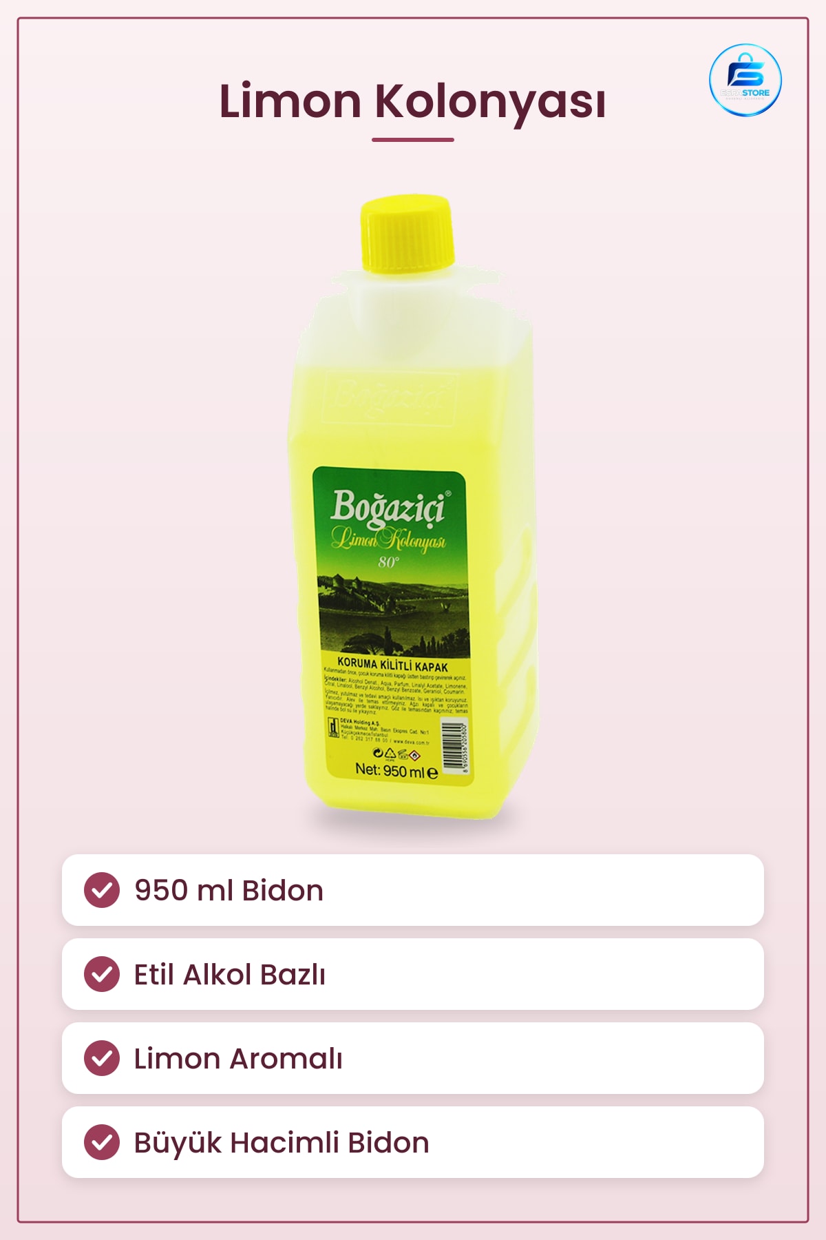 Limon Kolonyası 950 ml Bidon Etil Alkol Bazlı Ferah Kokulu El Hijyen Ekonomik Büyük Boy Ev Ofis