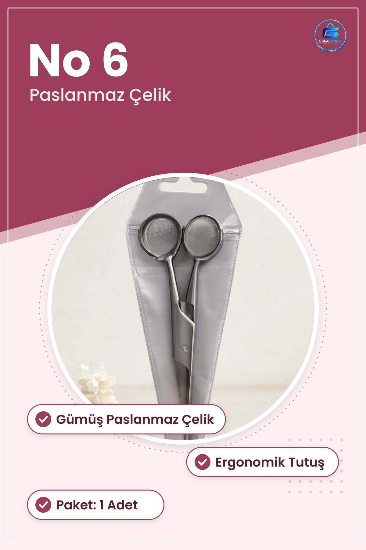 Berber Makası No 6 Gümüş Paslanmaz Çelik Saç Kesim Kuaför Profesyonel Keskin Ev Kullanımı Ergonomik