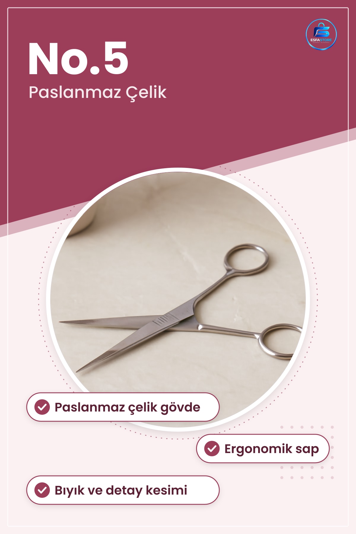Bıyık ve Detay Saç Kesim Makası No.5 Paslanmaz Çelik Berber Keskin Hassas Ergonomik Sap