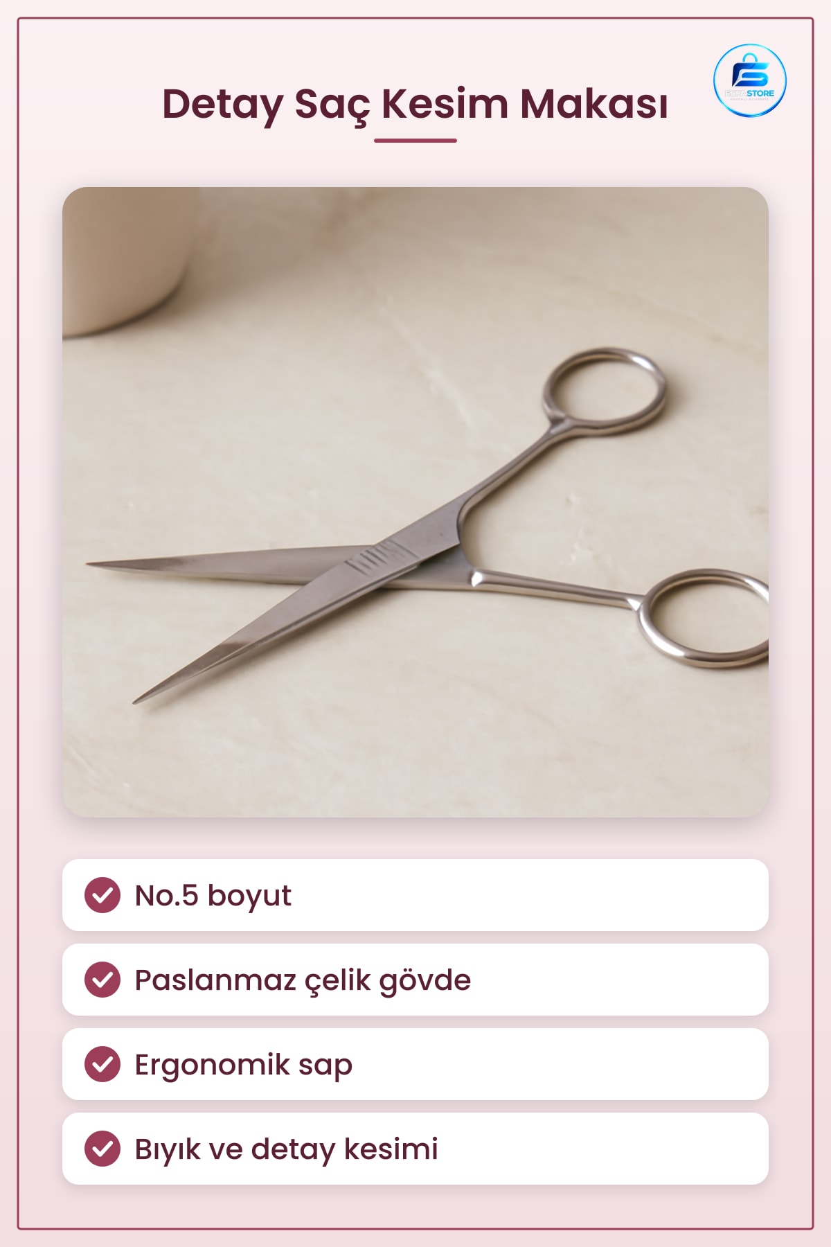 Bıyık ve Detay Saç Kesim Makası No.5 Paslanmaz Çelik Berber Keskin Hassas Ergonomik Sap