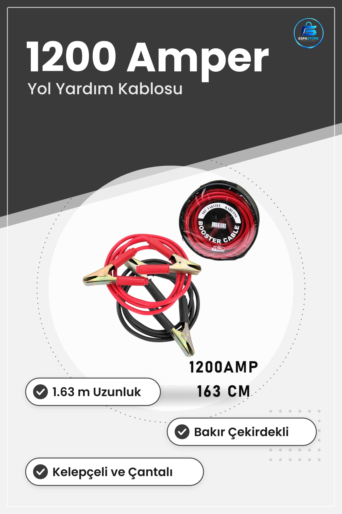Akü Takviye Kablosu Seti 1200 Amper 1.63 m Oto Yol Yardım Bakır Çekirdekli Kelepçeli Çantalı