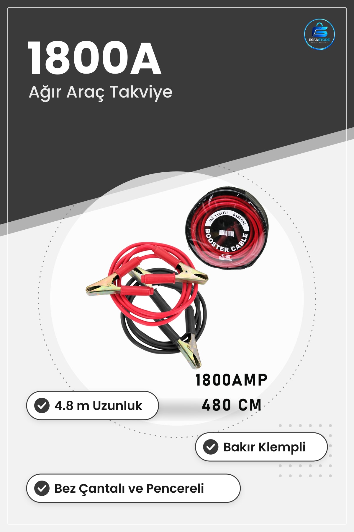 Tır Akü Takviye Kablosu 1800A 4.8 m Bakır Klempli Ağır Araç Marş Pencereli Bez Çanta Kamyon Otobüs
