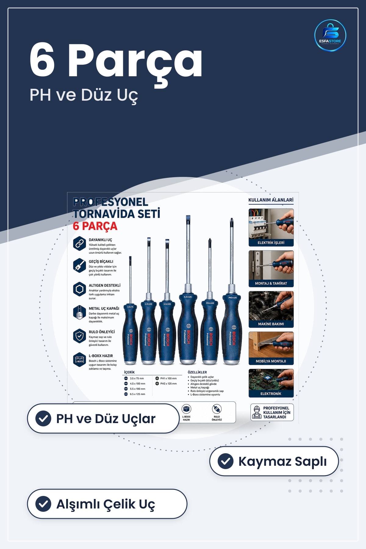 Tornavida Seti 6 Parça Profesyonel PH2 PH1 Düz Yıldız Kaymaz Saplı Kullanışlı Dayanıklı